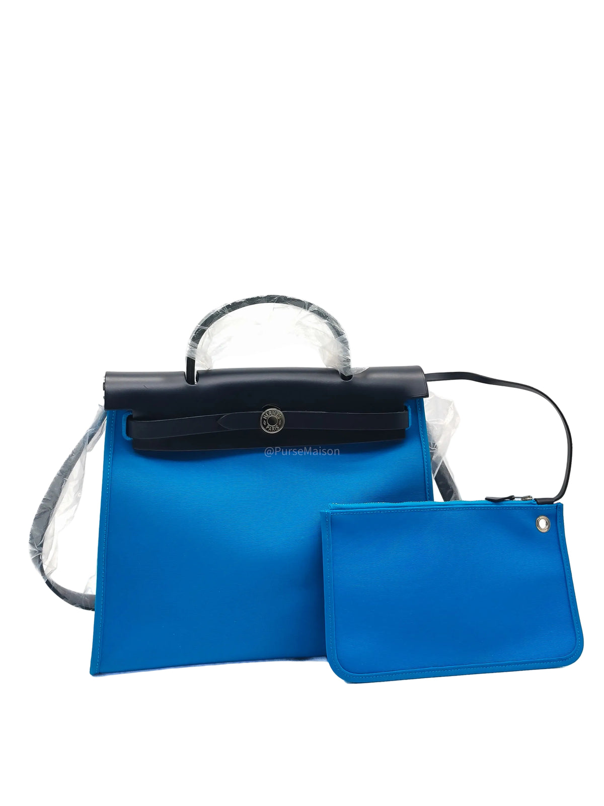 Hermes Herbag Zip 31 in Bleu Indigo Vache Hunter and Bleu Zanzibar Toile Canvas Palladium Hardware Stamp A (2017) | Purse Maison Luxury Bags Shop