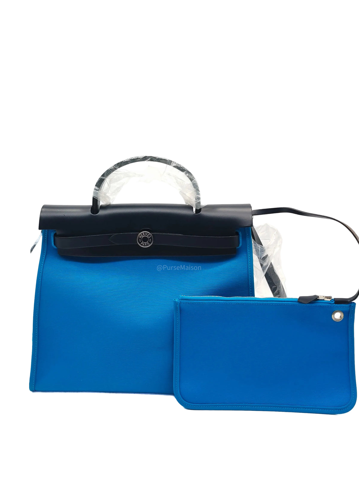 Hermes Herbag Zip 31 in Bleu Indigo Vache Hunter and Bleu Zanzibar Toile Canvas Palladium Hardware Stamp A (2017) | Purse Maison Luxury Bags Shop
