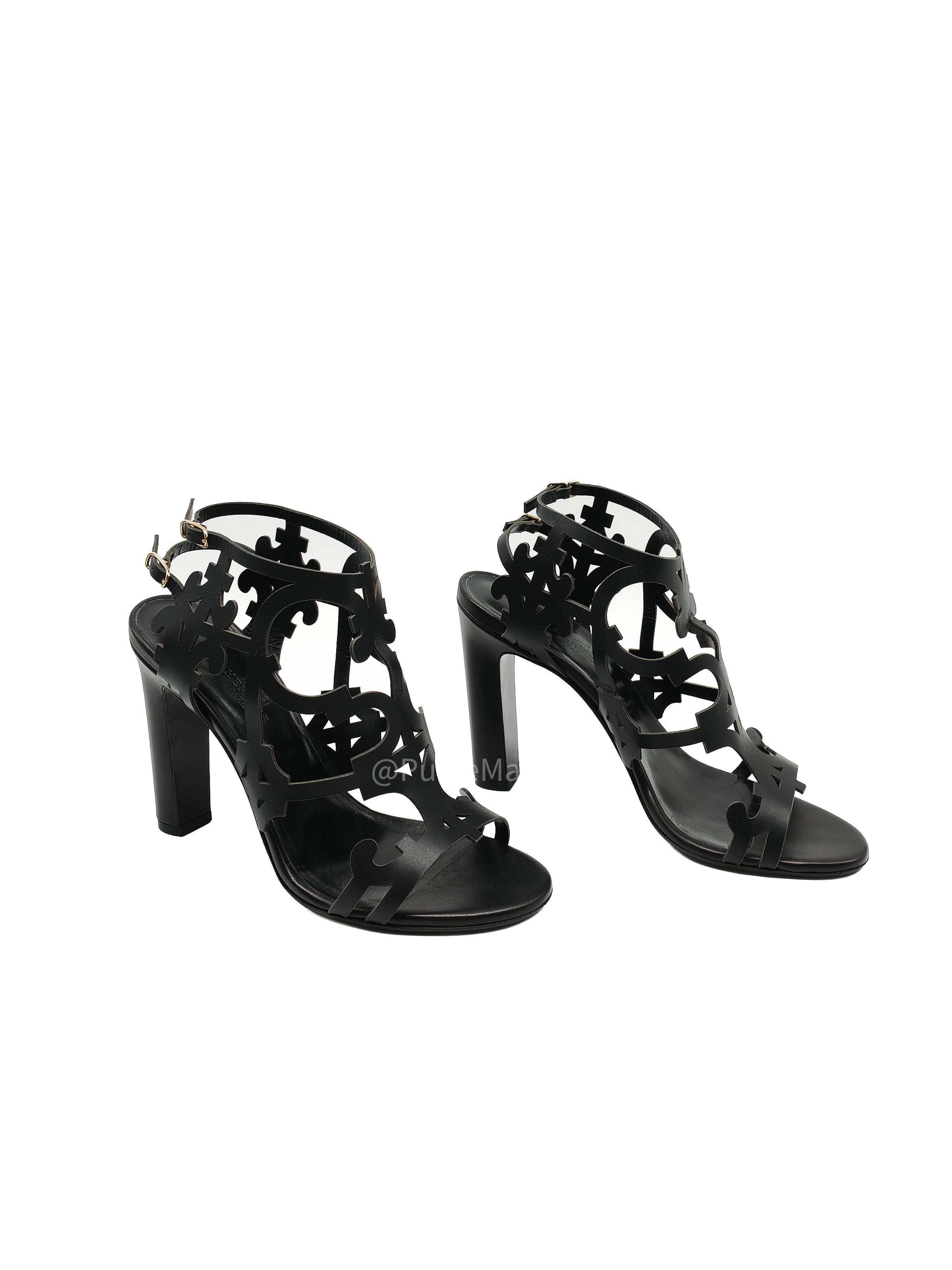 Hermes Keira Ankle Sandals in Black Calfskin Leather Size 37 (24 cm)