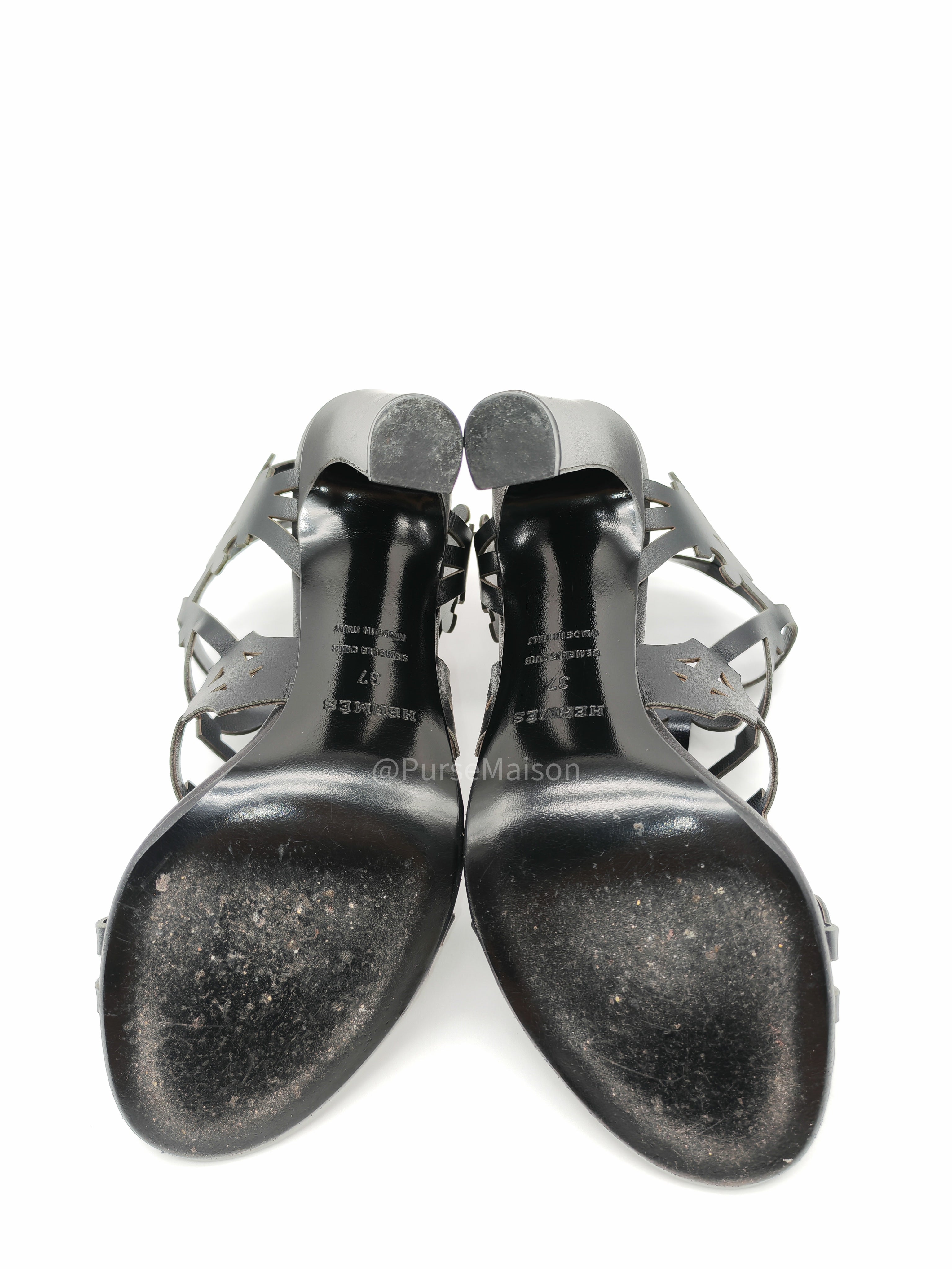Hermes Keira Ankle Sandals in Black Calfskin Leather Size 37 (24 cm)