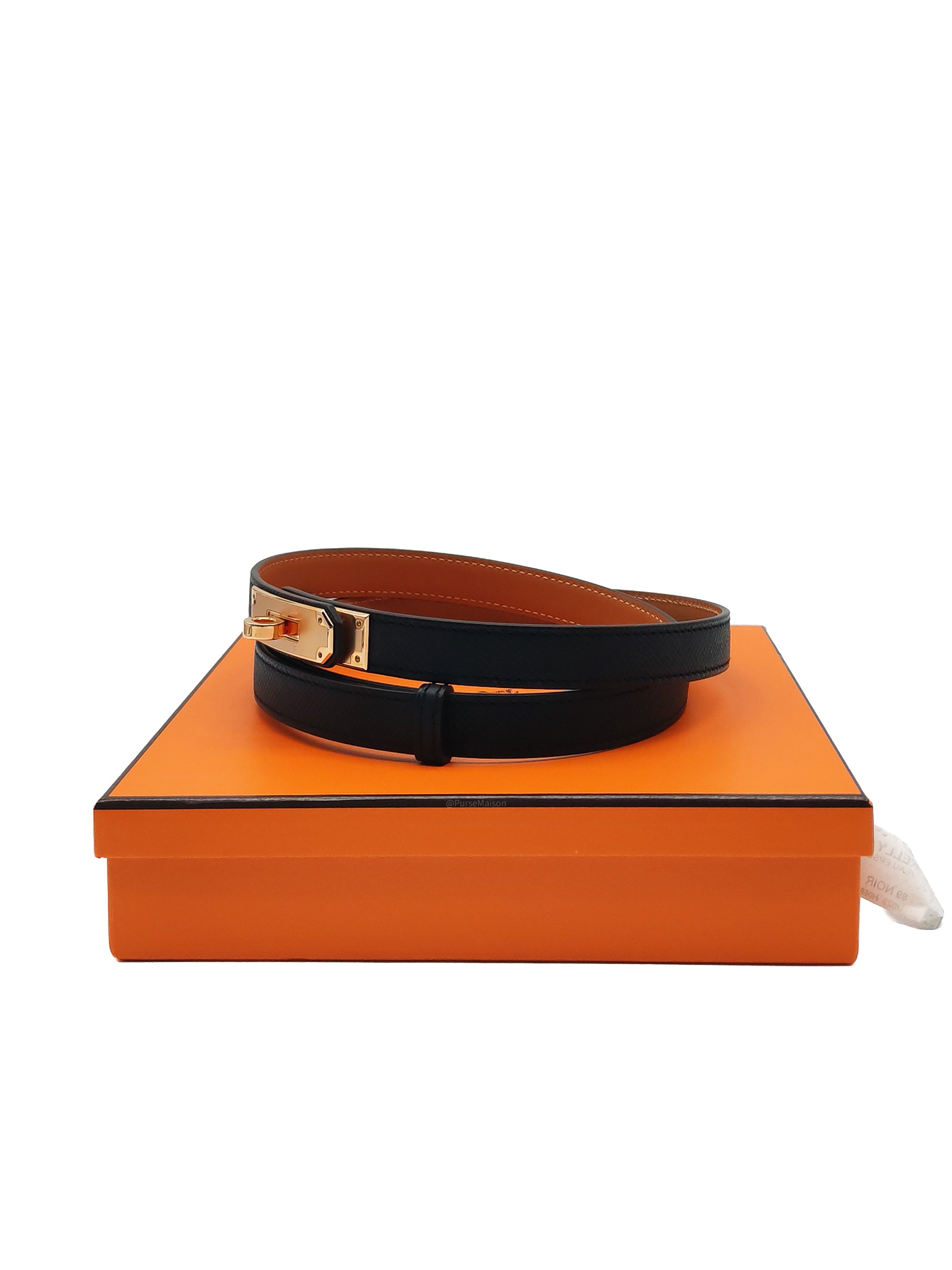 Hermes Kelly Belt in Black Epsom Leather Rose Gold Hardware Stamp W(2024)