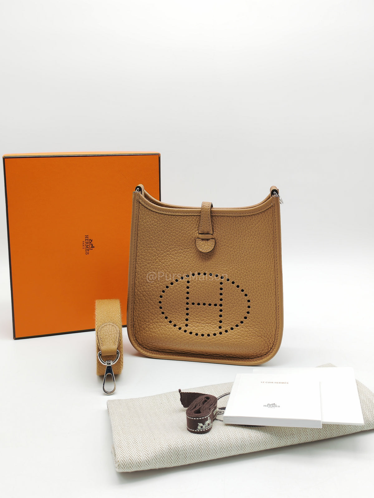 Hermes Mini Evelyne 16 in Biscuit Clemence Leather and Palladium Hardware Stamp Z (2021)