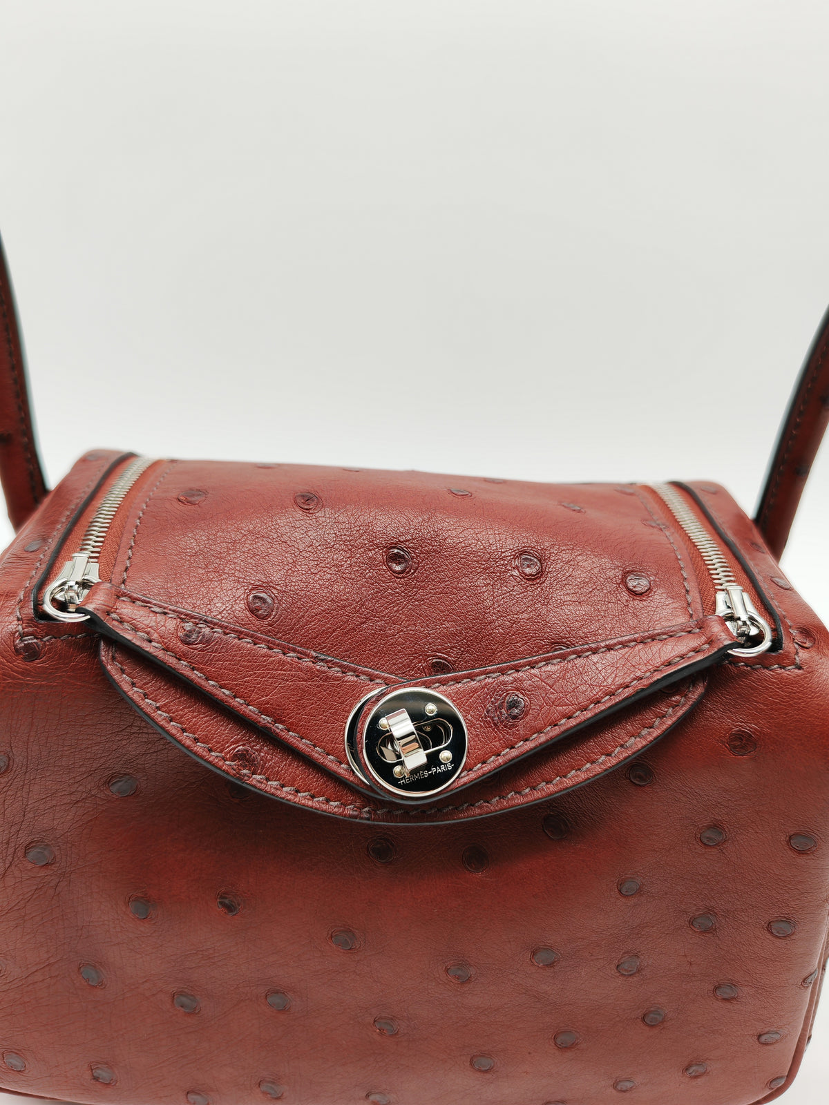 Hermes Mini Lindy in Rouge H Ostrich Leather Palladium Hardware Stamp K (2025)