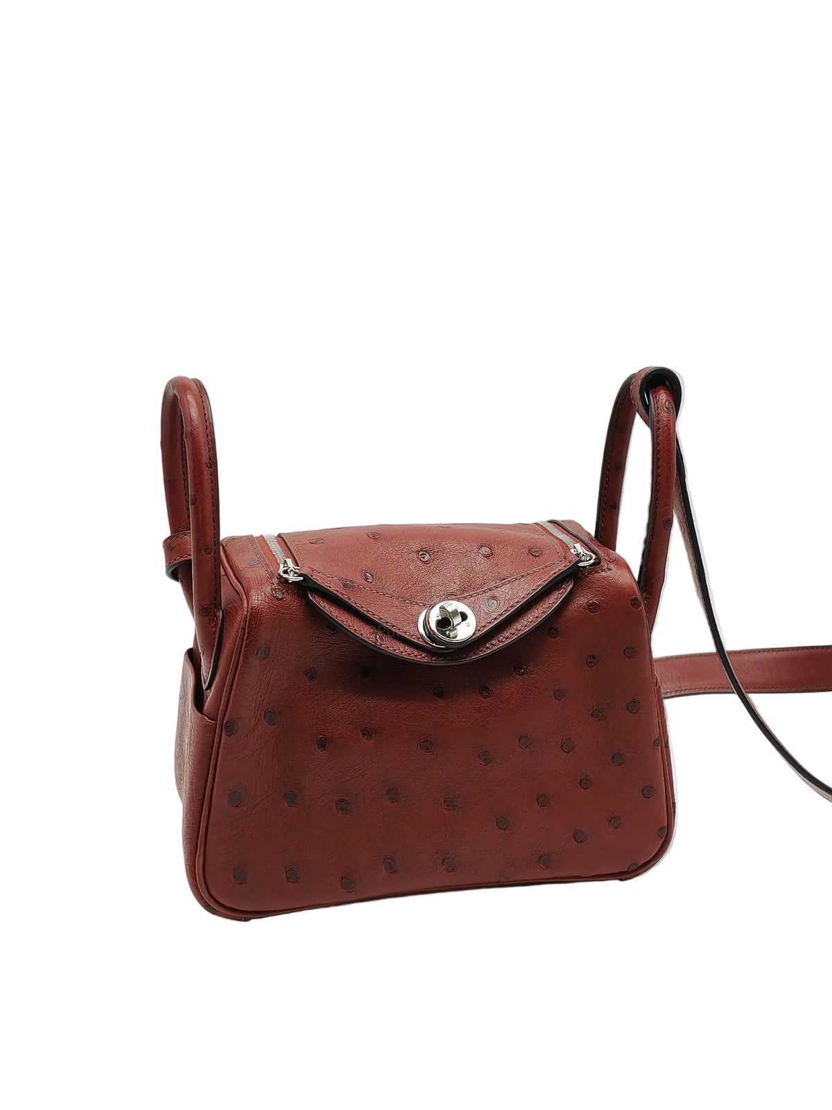 Hermes Mini Lindy in Rouge H Ostrich Leather Palladium Hardware Stamp K (2025)