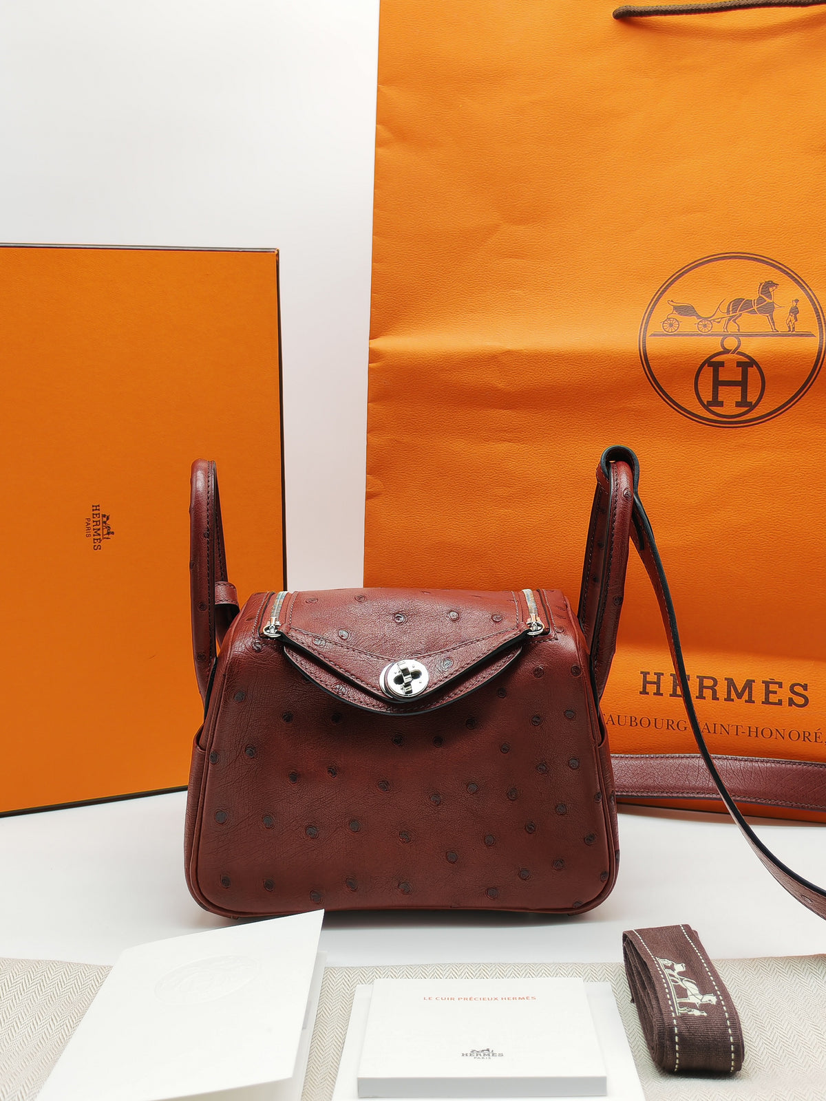 Hermes Mini Lindy in Rouge H Ostrich Leather Palladium Hardware Stamp K (2025)