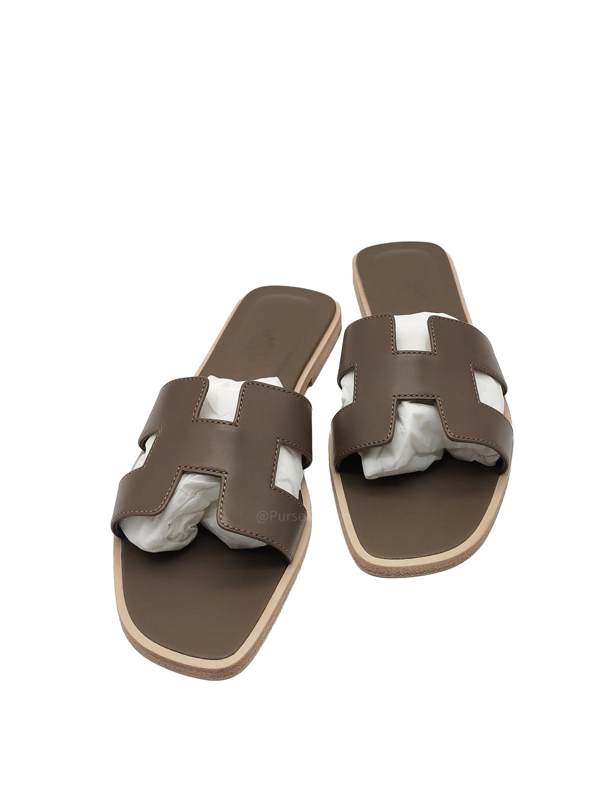 Hermes Oran Sandals in Etoupe Box Calfskin Leather Size 37 EU(23.5cm)