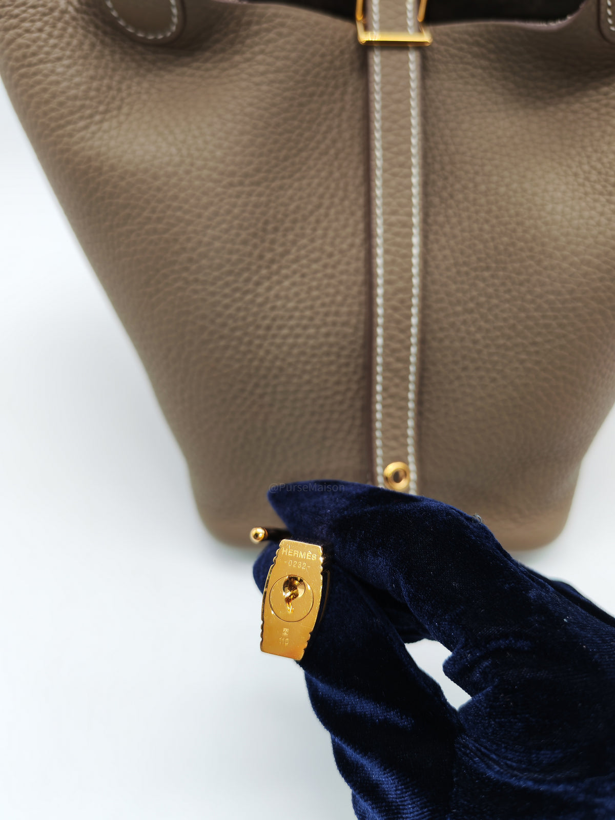 Hermes Picotin Lock 18 in Etoupe Taurillon Clemence Leather Gold Hardware Stamp U (2022)