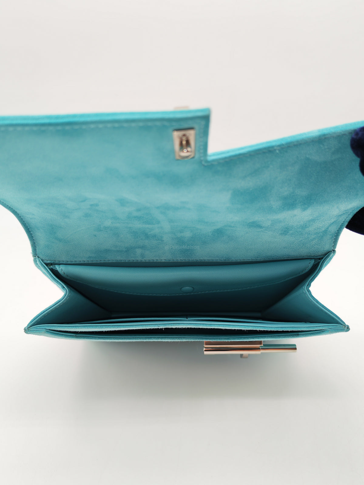 Hermes Doblis Mini Verrou Clutch Bag in Blue Atoll Suede Leather and Palladium Hardware Stamp X (2016)