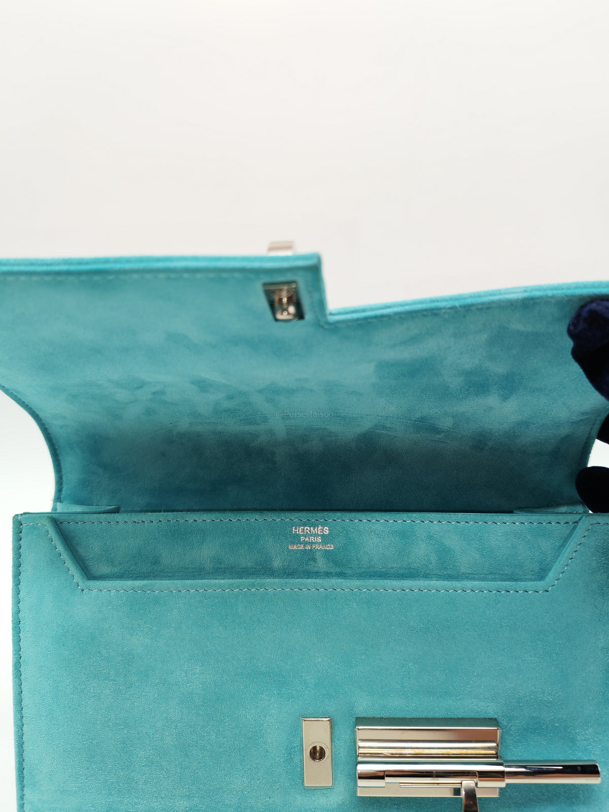 Hermes Doblis Mini Verrou Clutch Bag in Blue Atoll Suede Leather and Palladium Hardware Stamp X (2016)