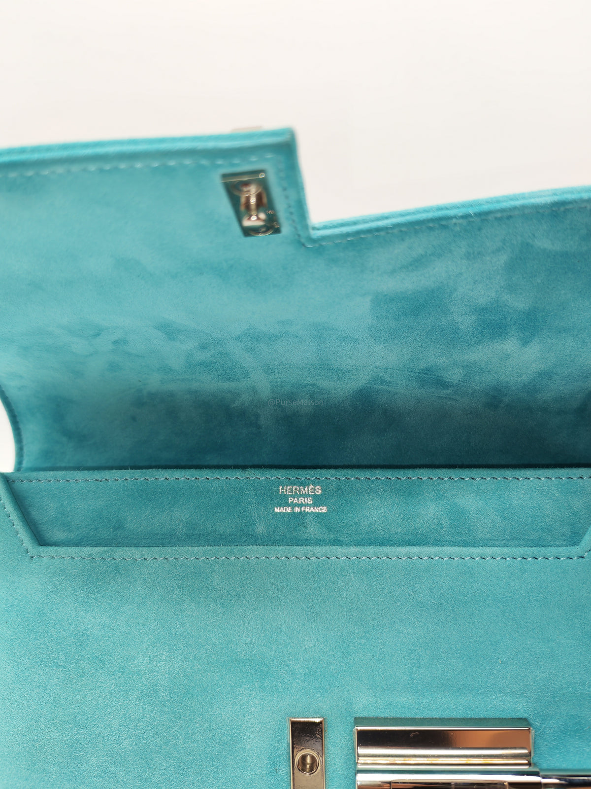 Hermes Doblis Mini Verrou Clutch Bag in Blue Atoll Suede Leather and Palladium Hardware Stamp X (2016)