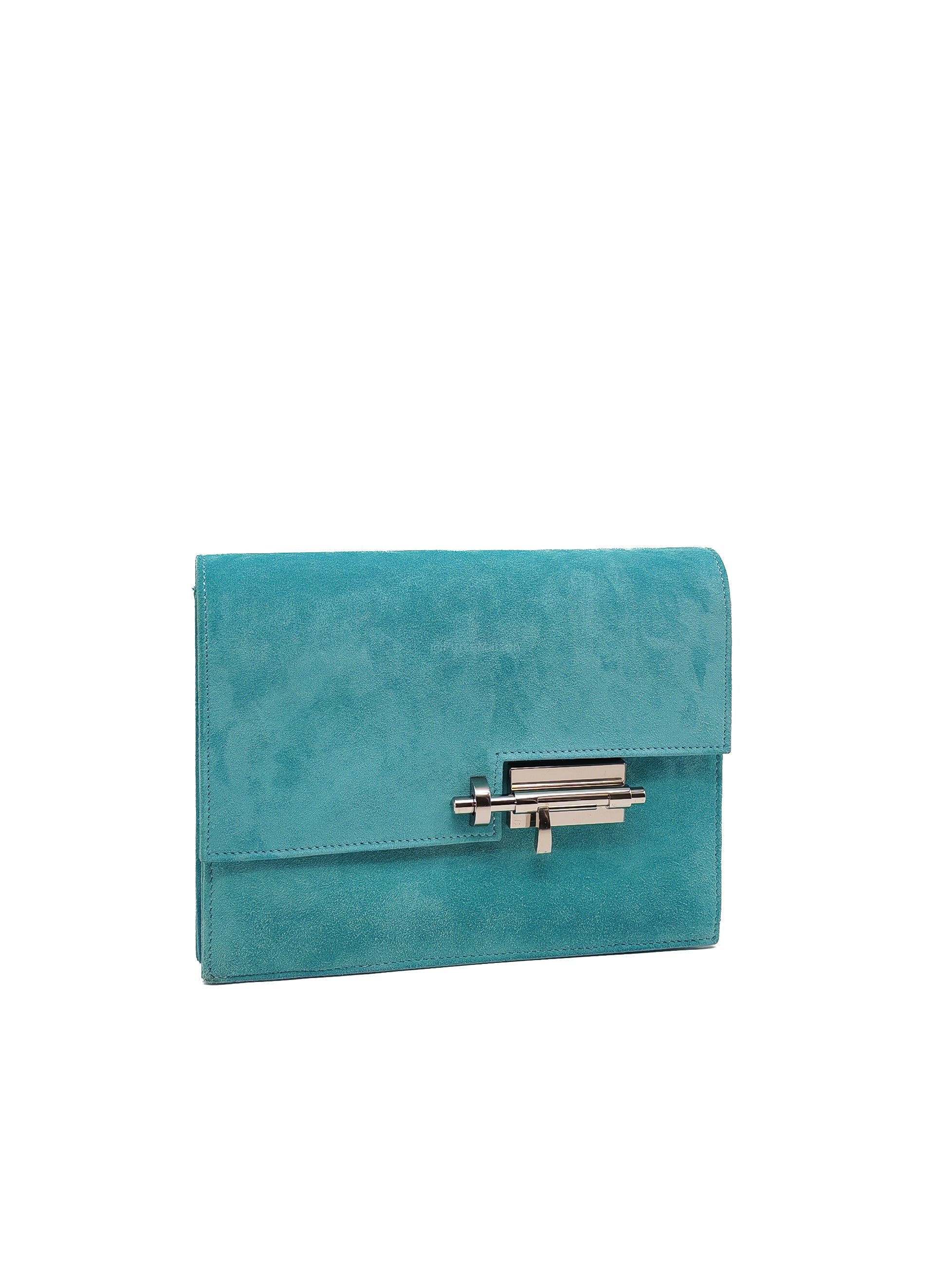 Hermes Doblis Mini Verrou Clutch Bag in Blue Atoll Suede Leather and Palladium Hardware Stamp X (2016)