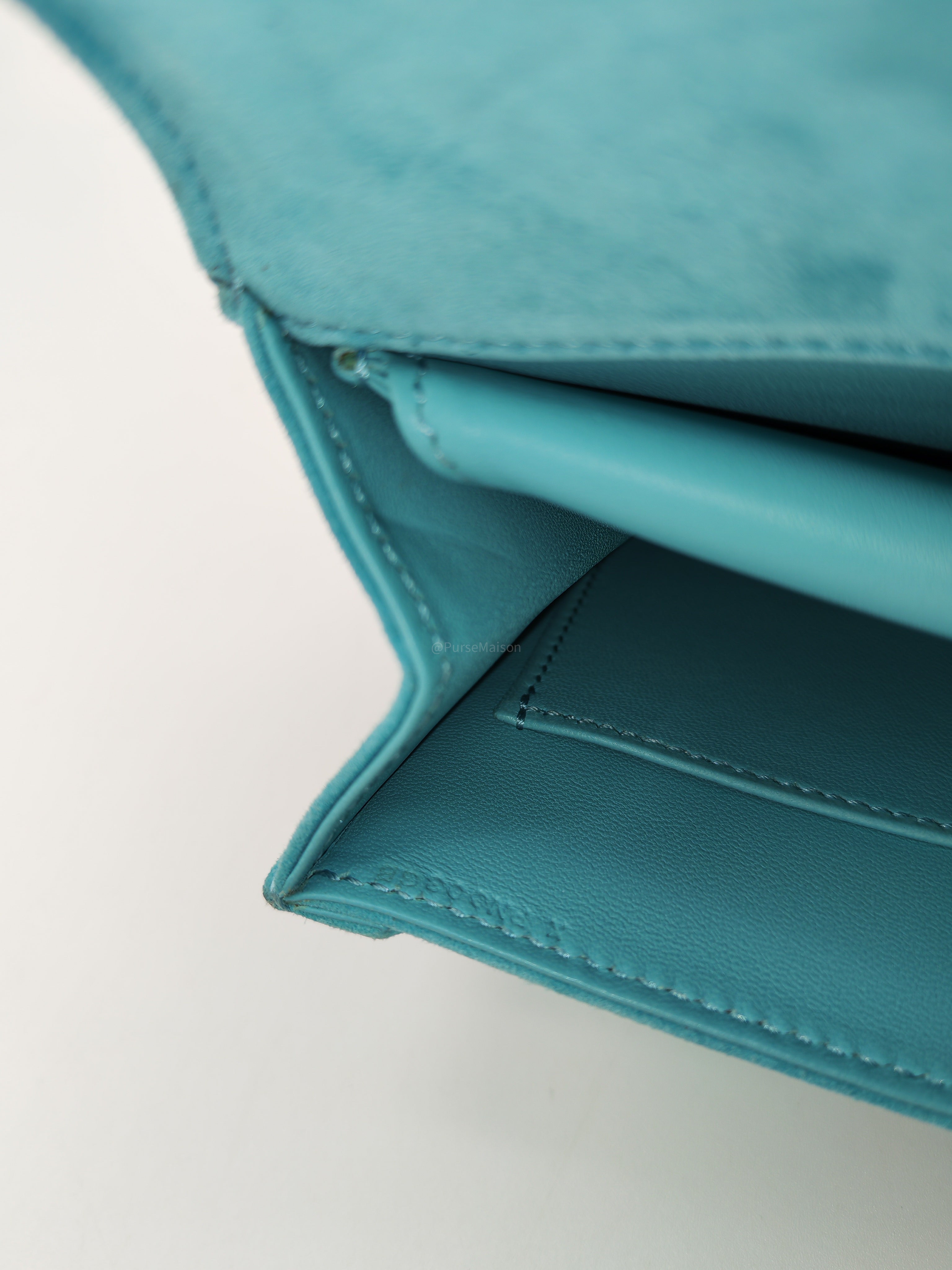 Hermes Doblis Mini Verrou Clutch Bag in Blue Atoll Suede Leather and Palladium Hardware Stamp X (2016)