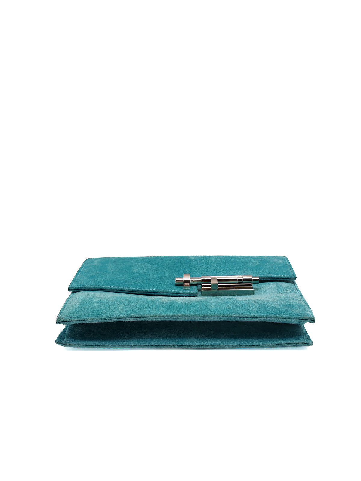 Hermes Doblis Mini Verrou Clutch Bag in Blue Atoll Suede Leather and Palladium Hardware Stamp X (2016)
