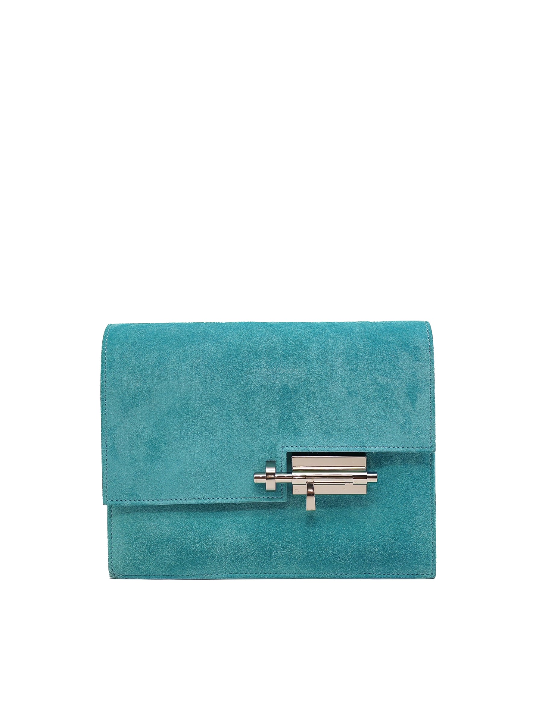 Hermes Doblis Mini Verrou Clutch Bag in Blue Atoll Suede Leather and Palladium Hardware Stamp X (2016)