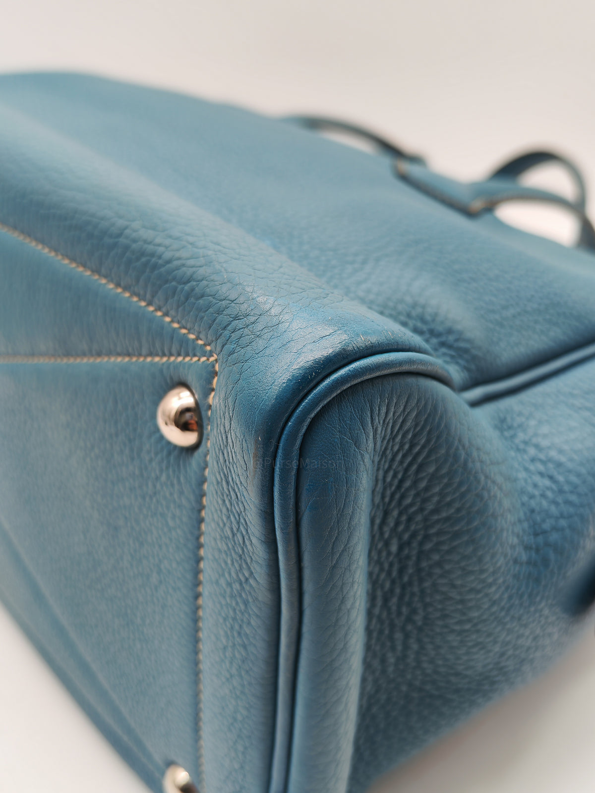 Hermes Victoria ll 35 Bag in Blue Jean Clemence Leather and Palladium Hardware Stamp Square K (2007)