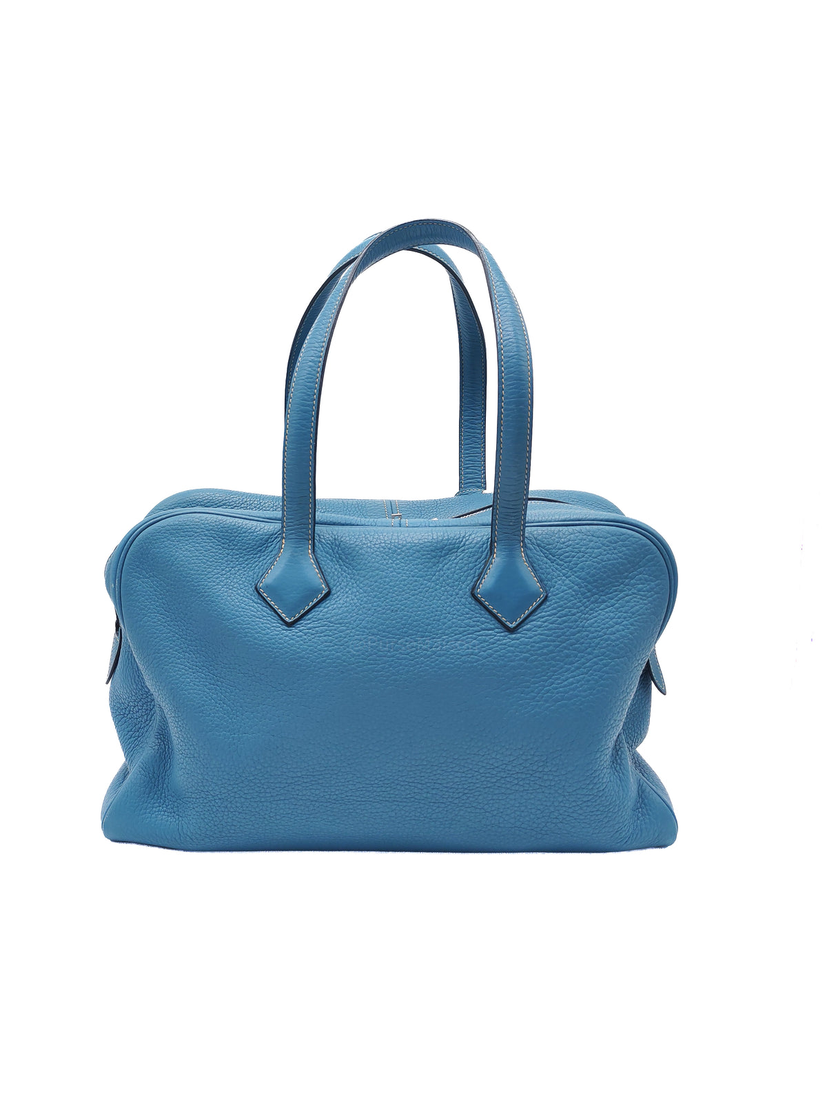 Hermes Victoria ll 35 Bag in Blue Jean Clemence Leather and Palladium Hardware Stamp Square K (2007)