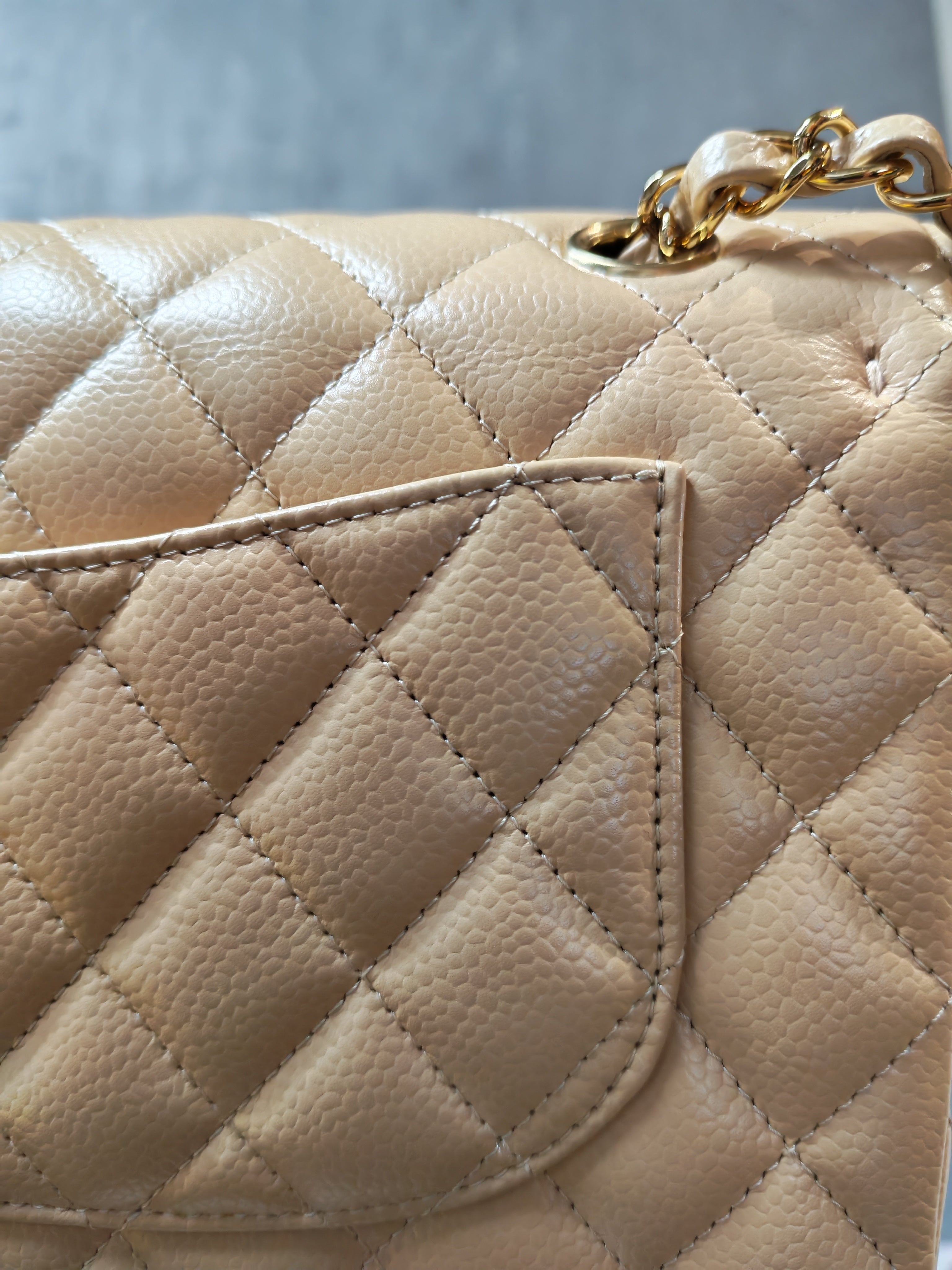 Classic Double Flap Small in Beige Clair Quilted Caviar Leather and Gold Hardware (Microchip)