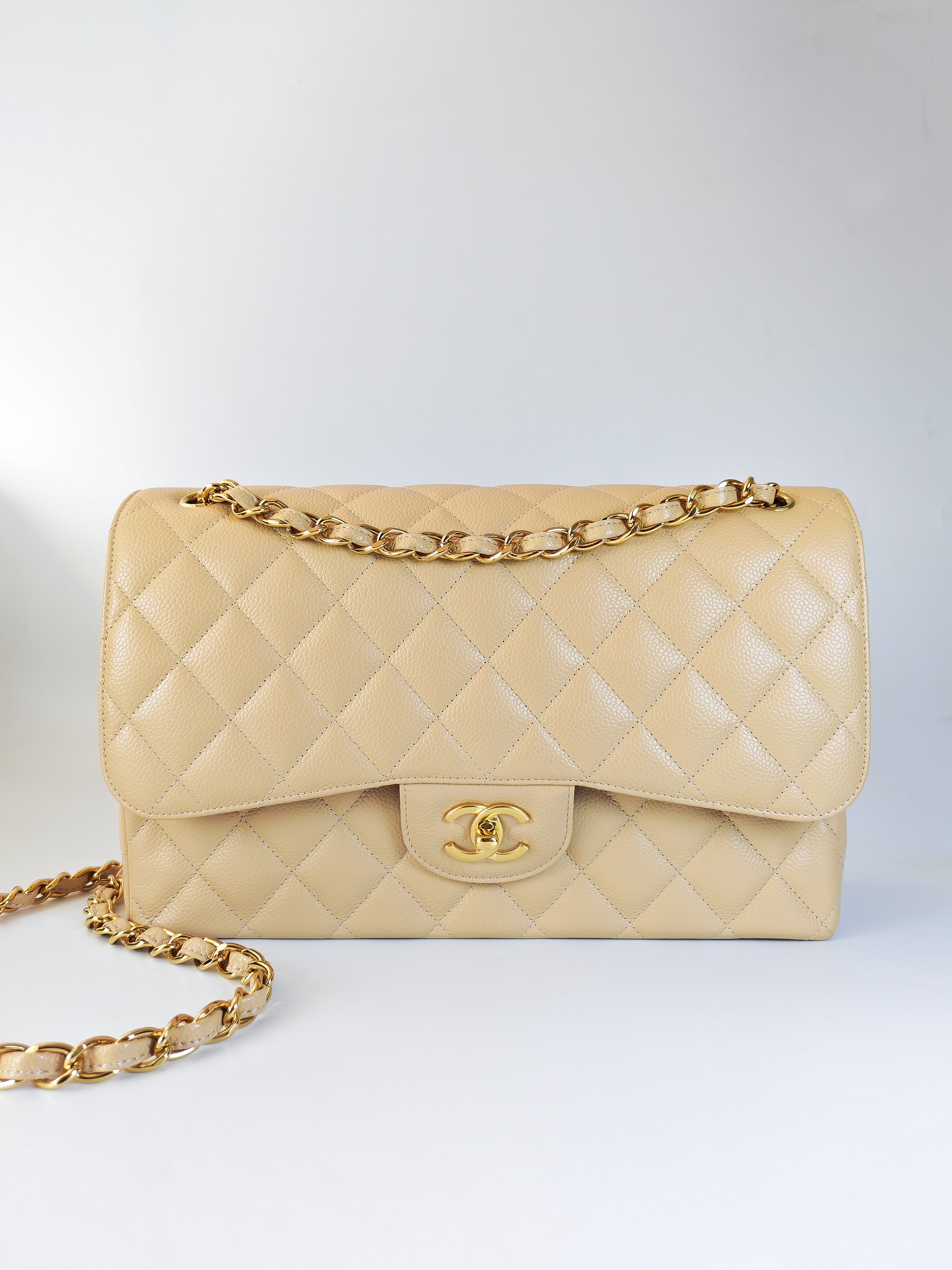 Classic Double Flap Jumbo in Beige Clair Caviar Leather and Gold Hardware (Microchip)