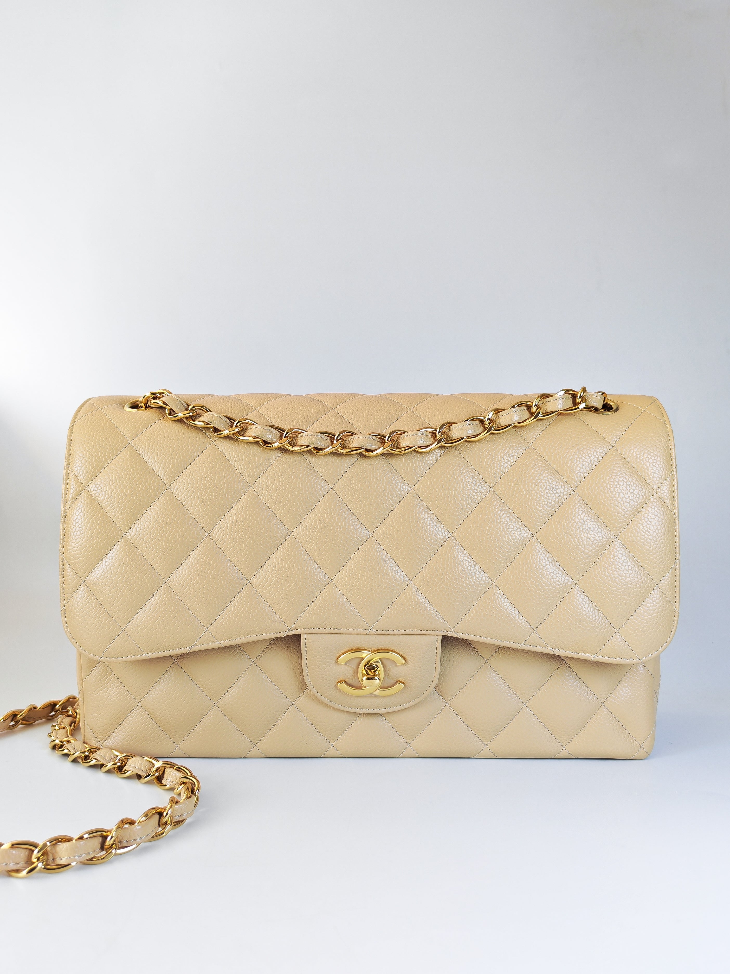 Classic Double Flap Jumbo in Beige Clair Caviar Leather and Gold Hardware (Microchip)