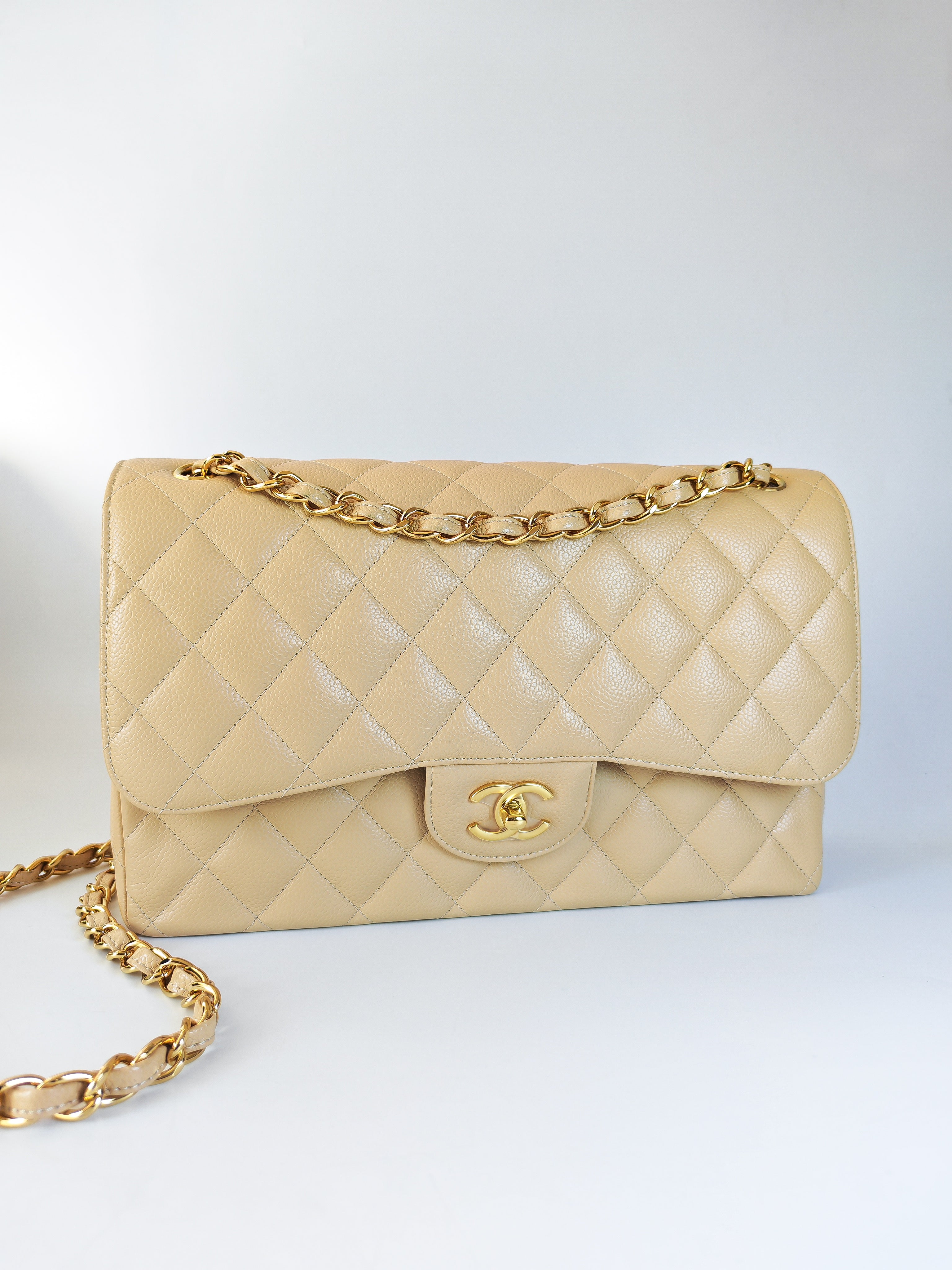 Classic Double Flap Jumbo in Beige Clair Caviar Leather and Gold Hardware (Microchip)