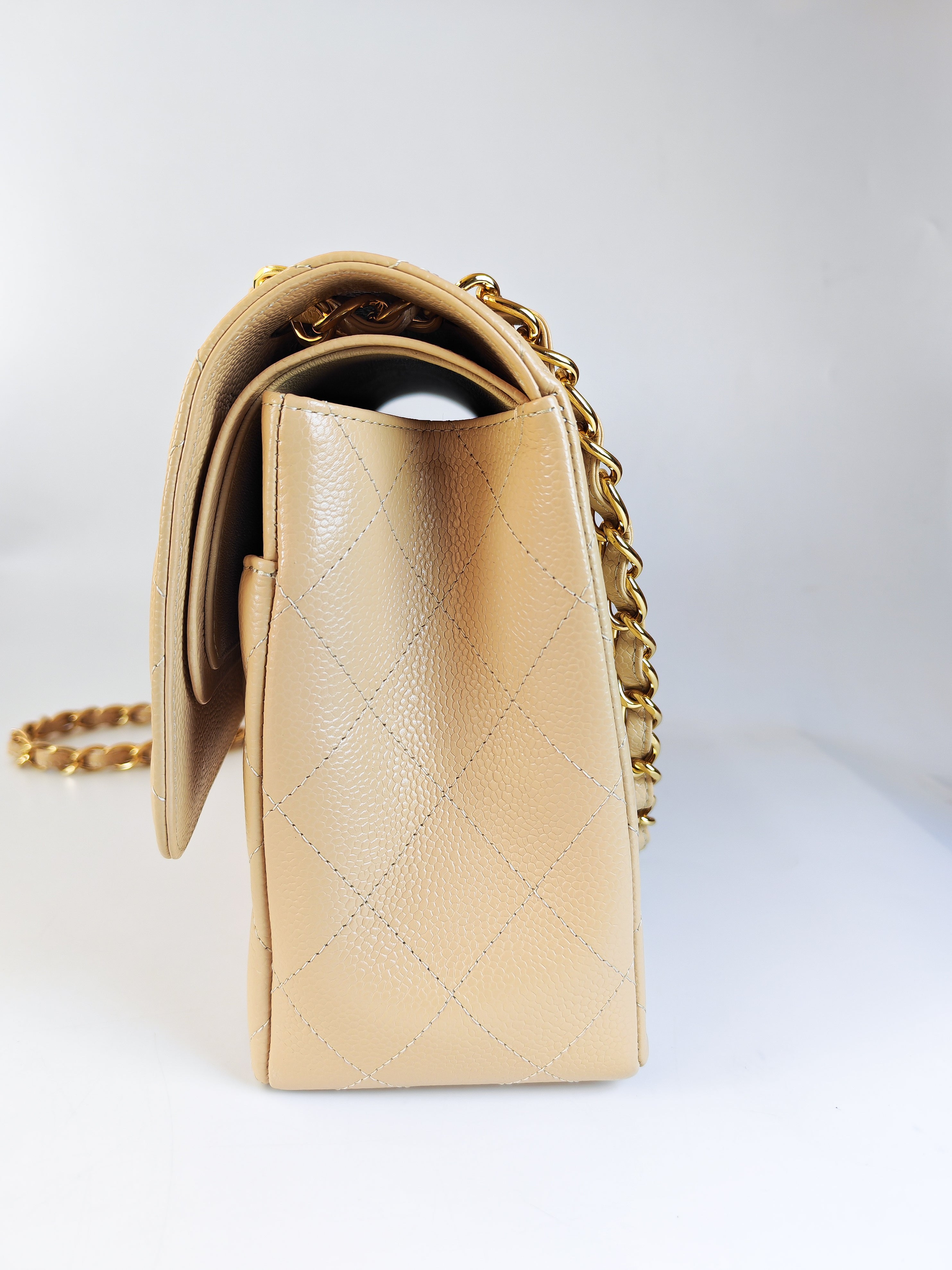 Classic Double Flap Jumbo in Beige Clair Caviar Leather and Gold Hardware (Microchip)