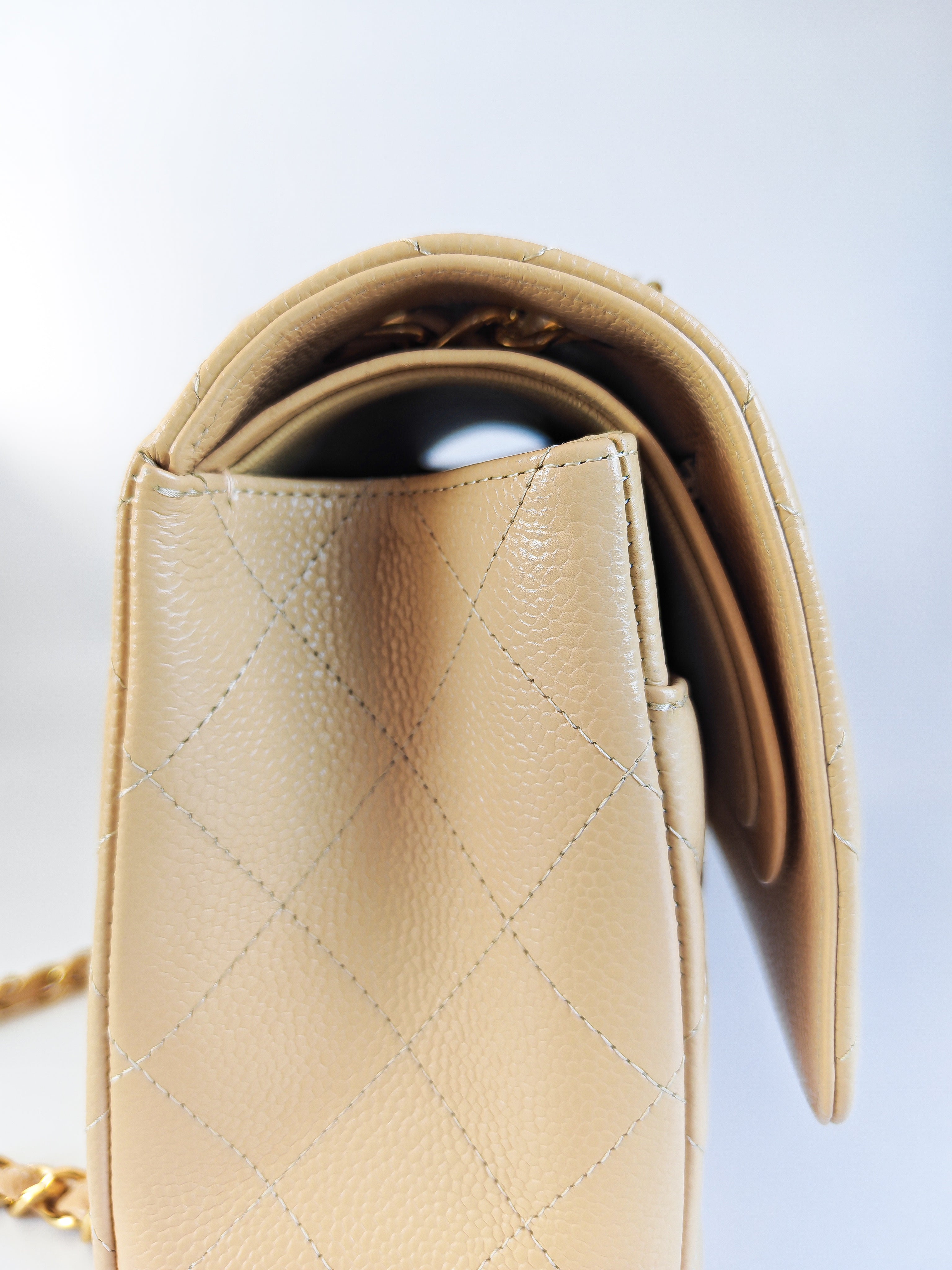 Classic Double Flap Jumbo in Beige Clair Caviar Leather and Gold Hardware (Microchip)