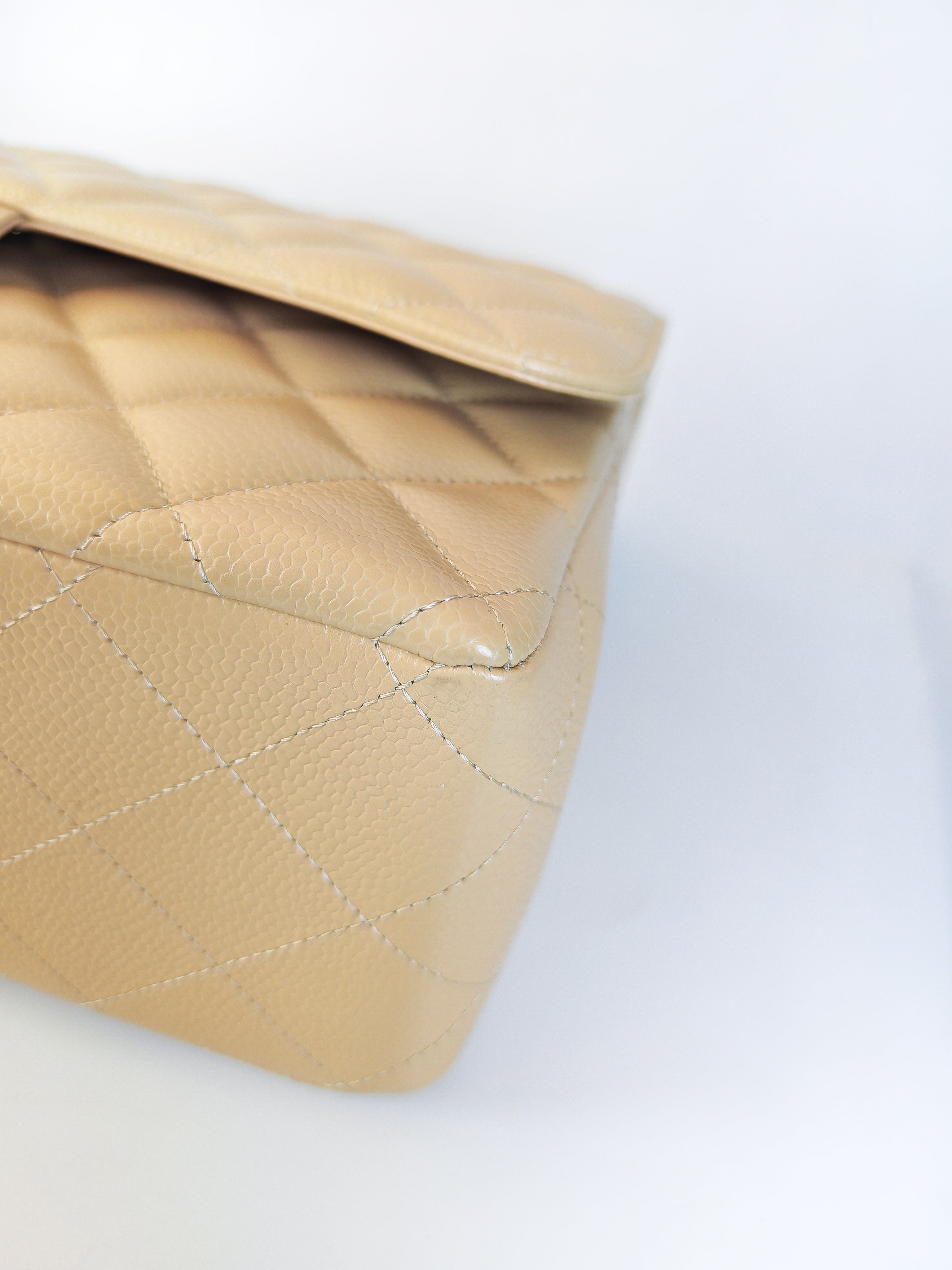 Classic Double Flap Jumbo in Beige Clair Caviar Leather and Gold Hardware (Microchip)