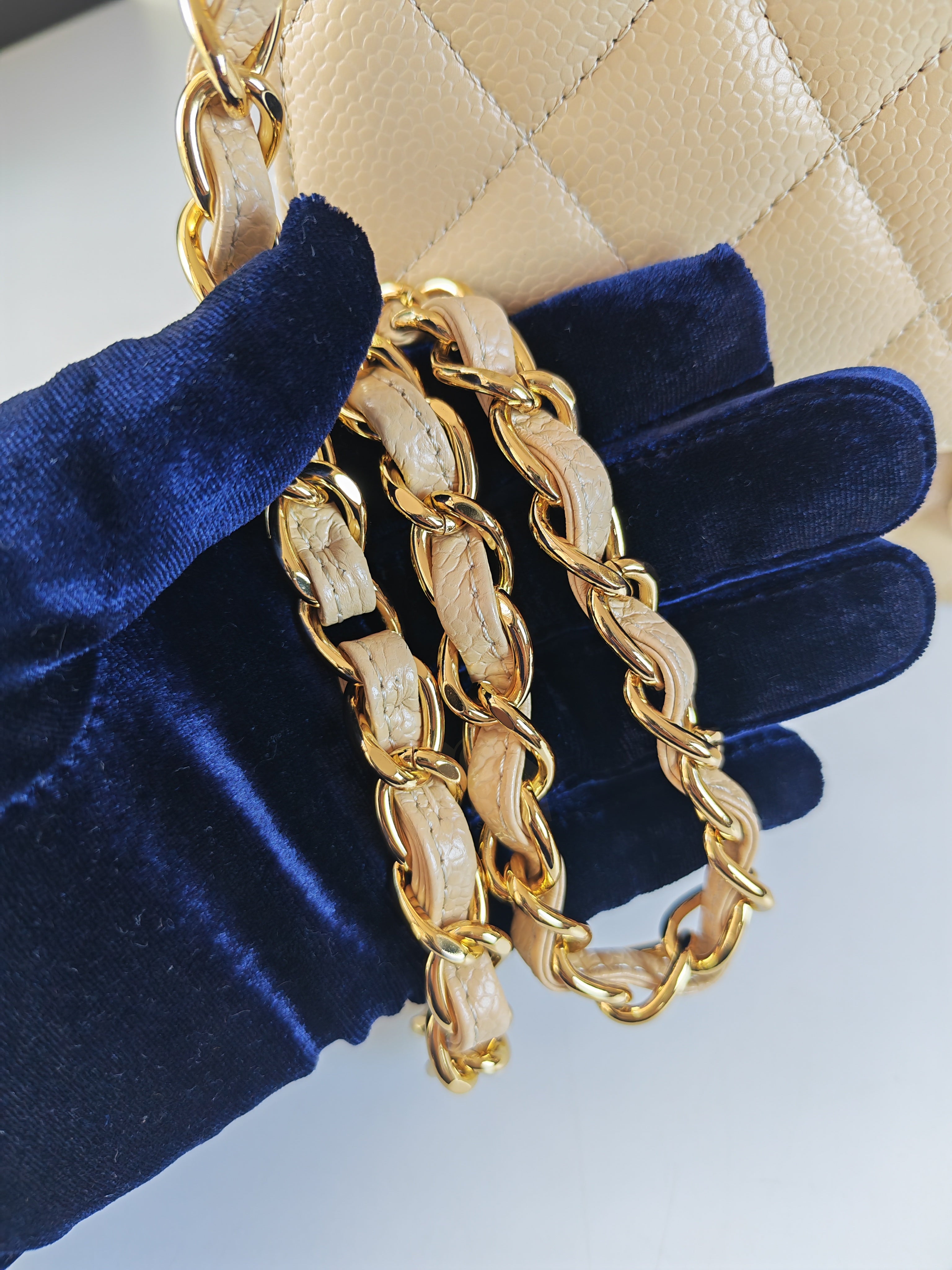 Classic Double Flap Jumbo in Beige Clair Caviar Leather and Gold Hardware (Microchip)