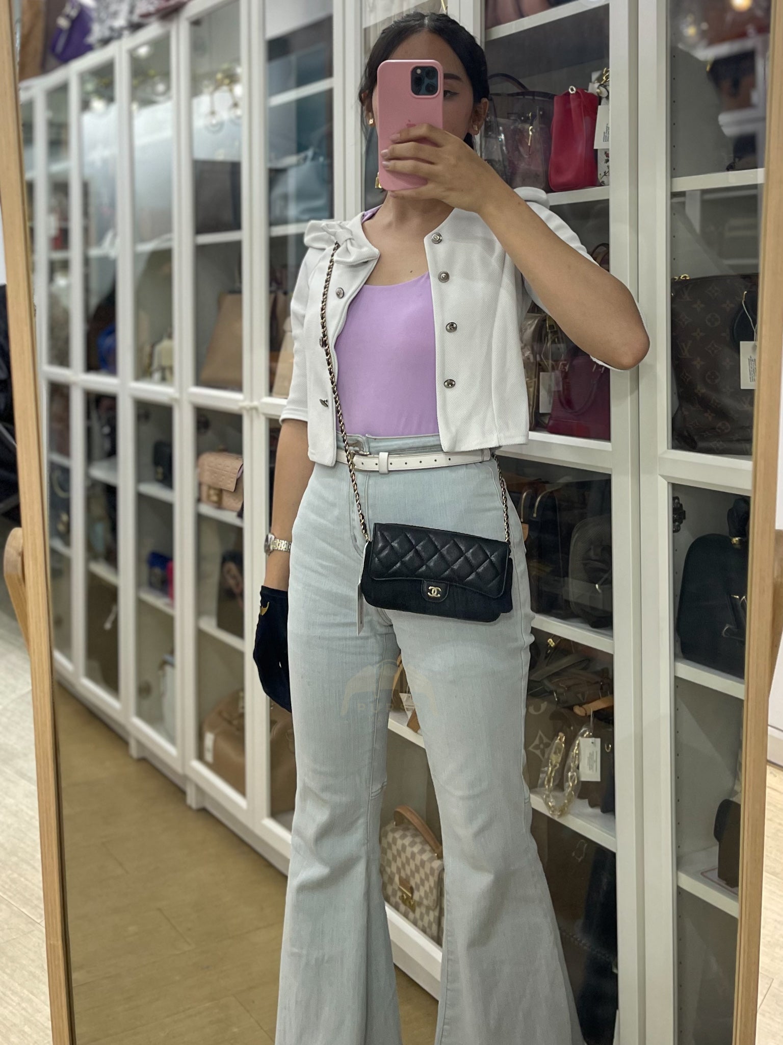 Flap Phone Holder in Black Caviar Leather Light Gold Hardware (Microchip)