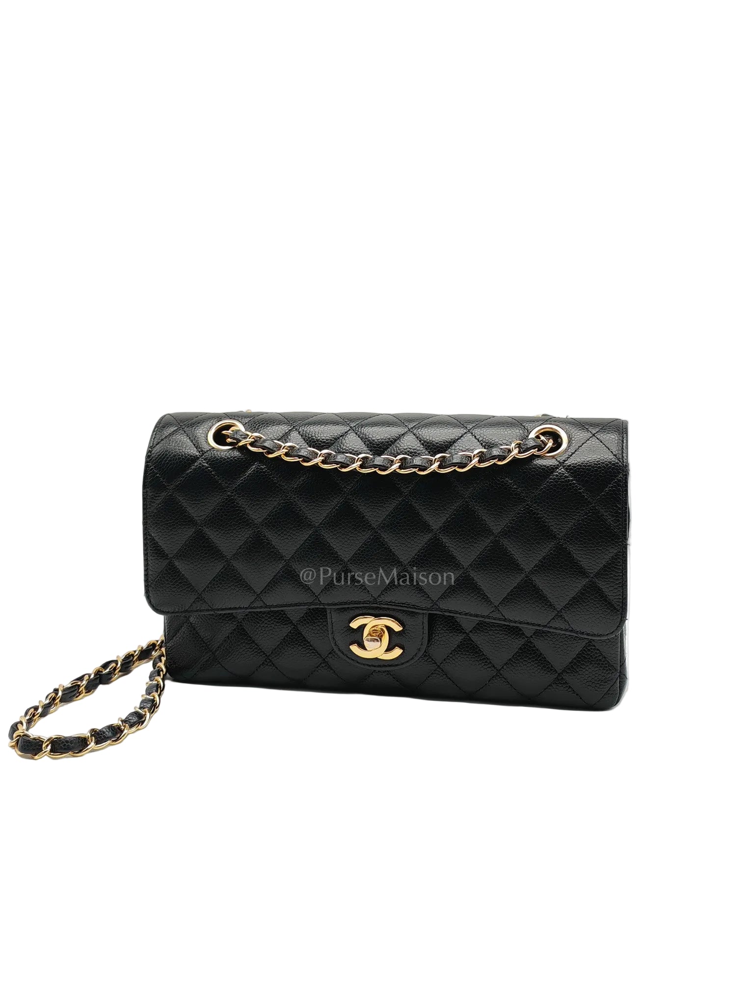 Classic Double Flap Bag Medium in Black Quilted Caviar Leather and Gold Hardware Series 30