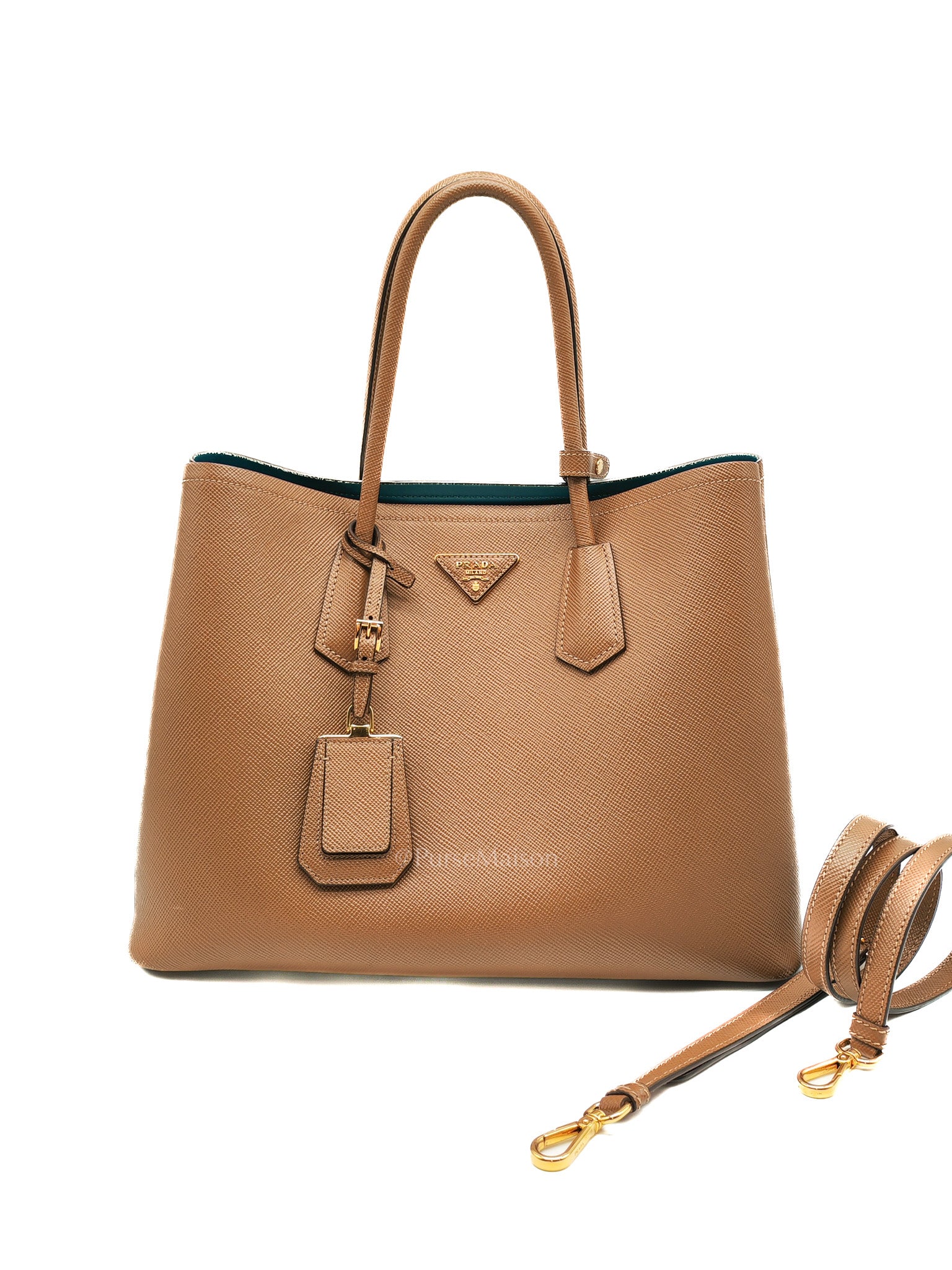 1BG756 Double Bag Large in Tan Saffiano Cuir Leather Shoulder Bag