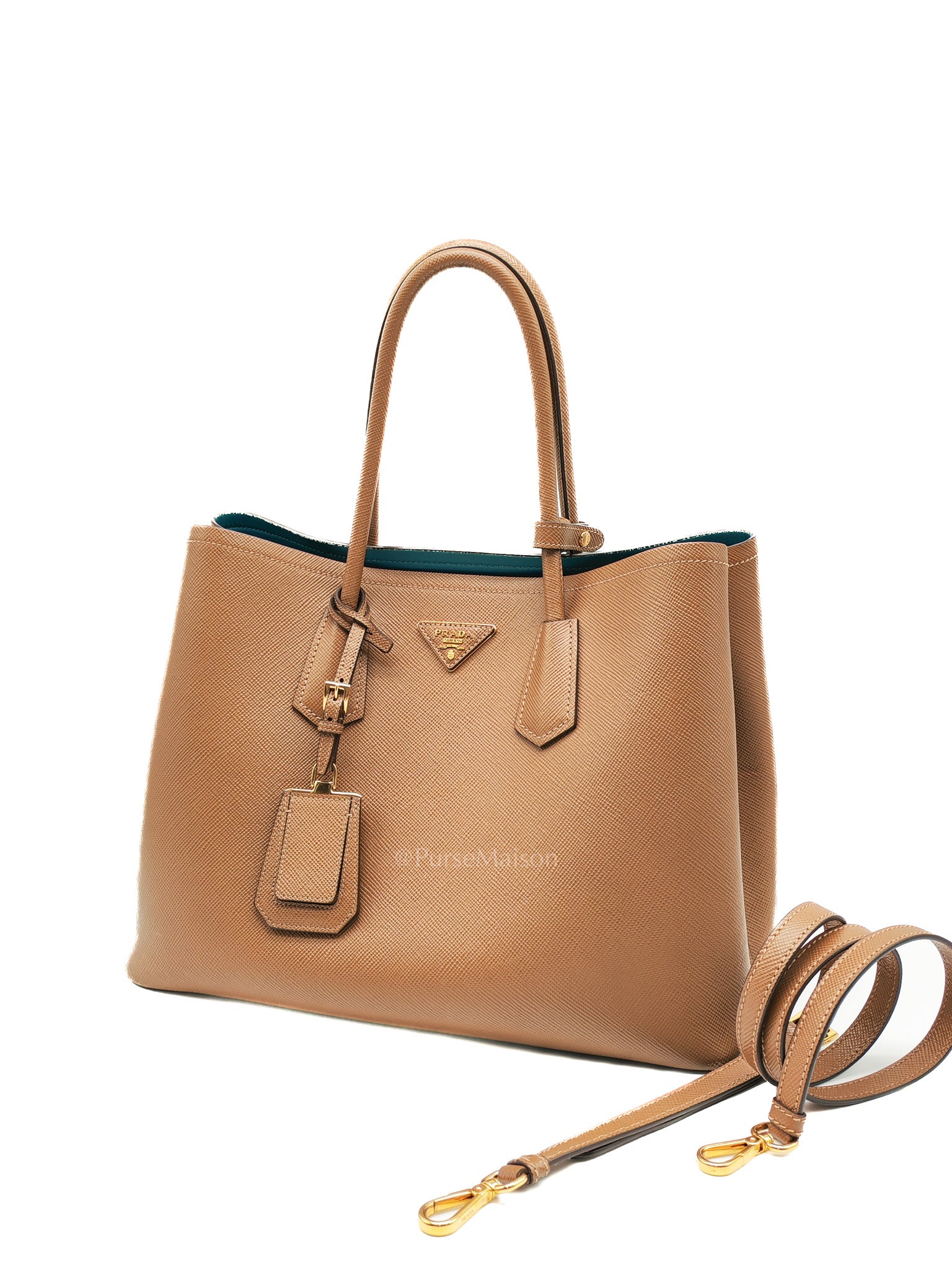1BG756 Double Bag Large in Tan Saffiano Cuir Leather Shoulder Bag