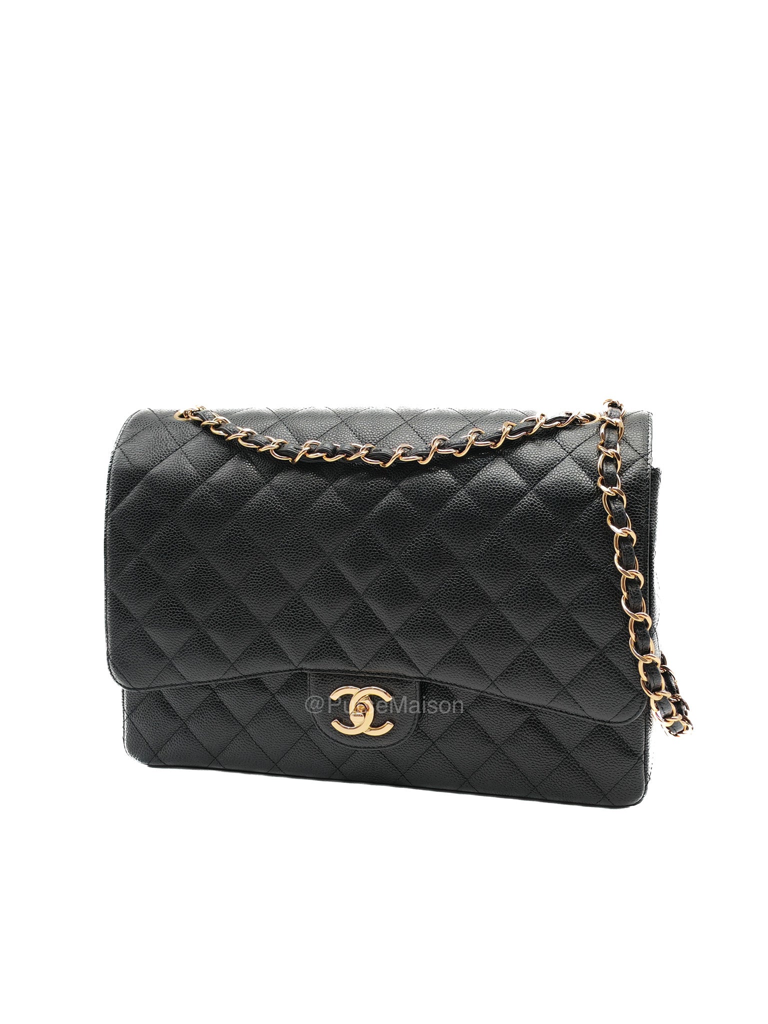 Chanel Classic Double Flap Maxi in Black Quilted Caviar Leather and Gold Hardware Series 15 | Purse Maison Luxury Bags Shop