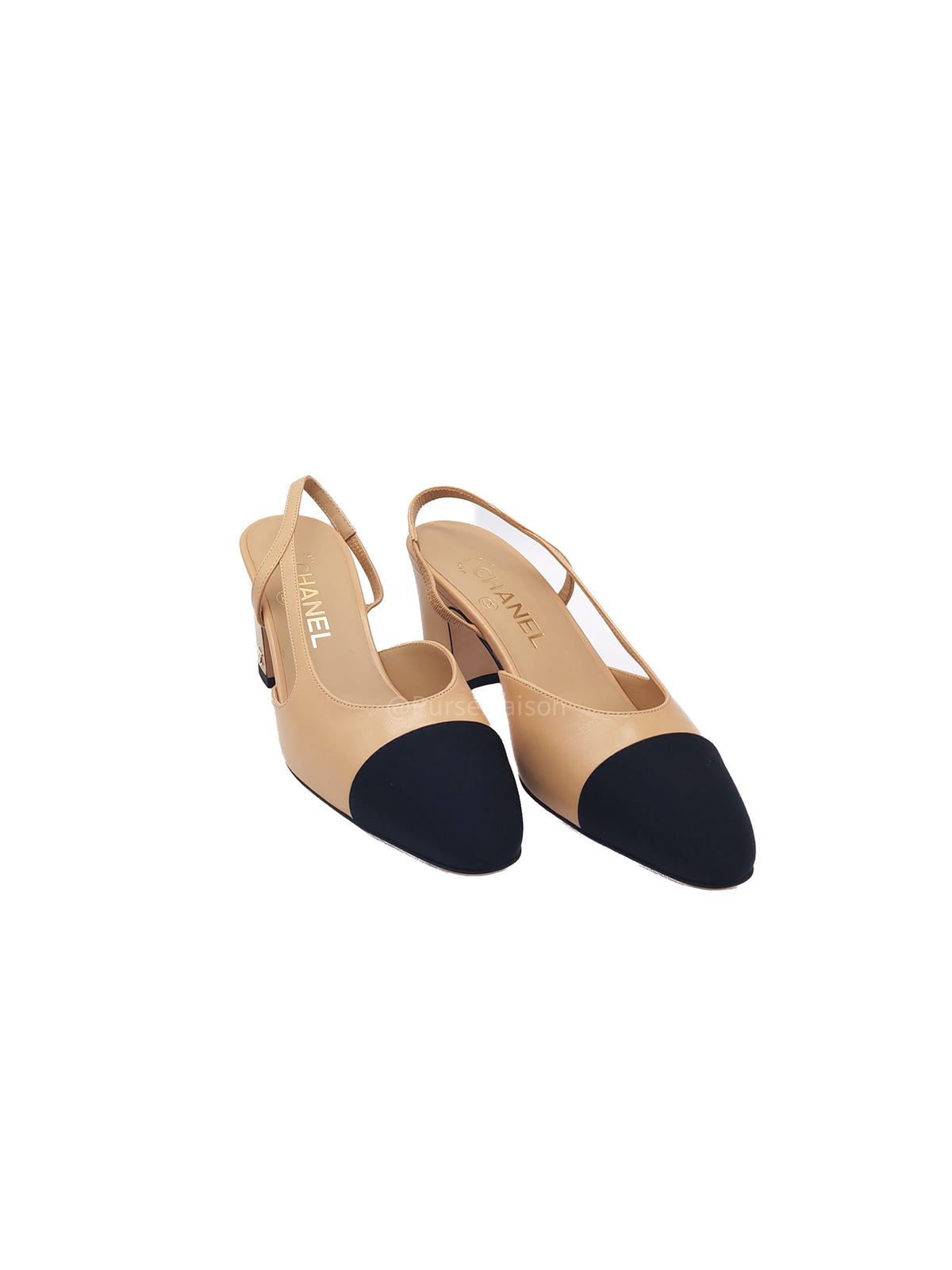 Chanel Grosgrain Cap-tone Slingback Pumps in Beige and Black Size 38 (23 cm)