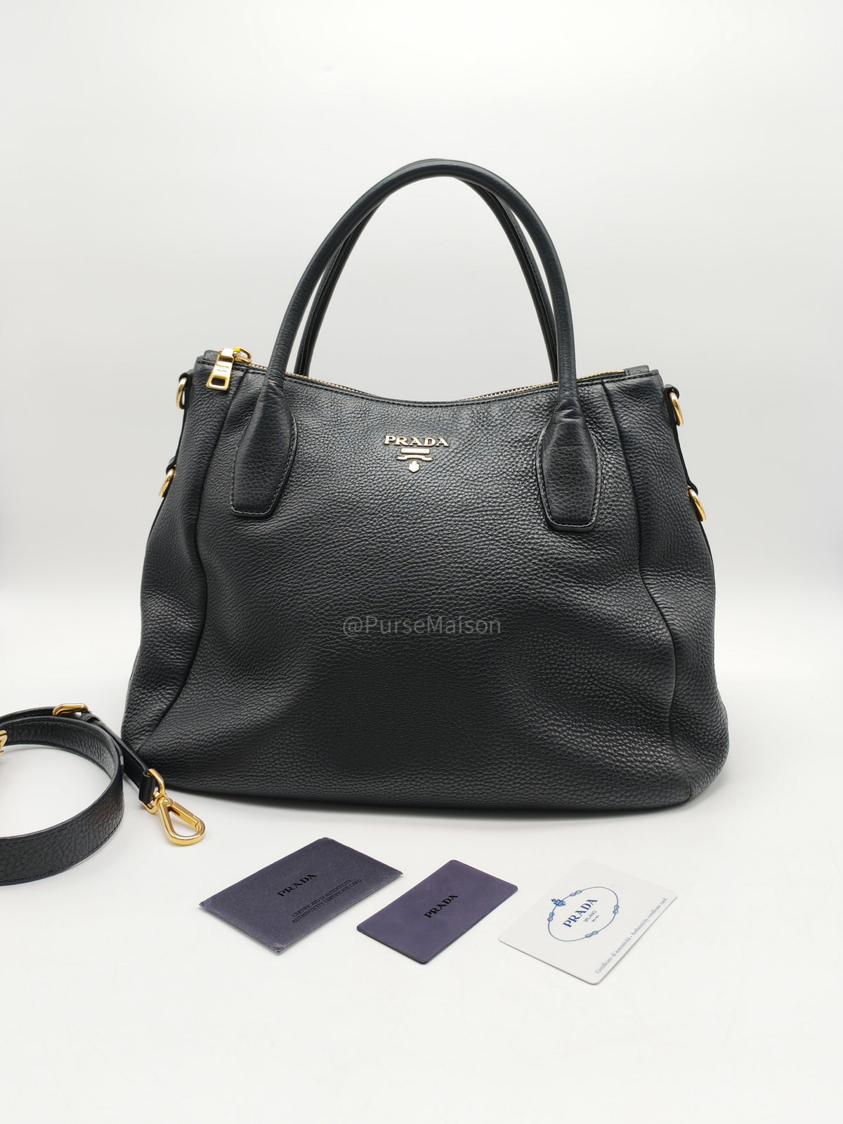 Prada Sacca 2 Manici Hobo Bag in Black Vitello Daino Leather and Gold Hardware