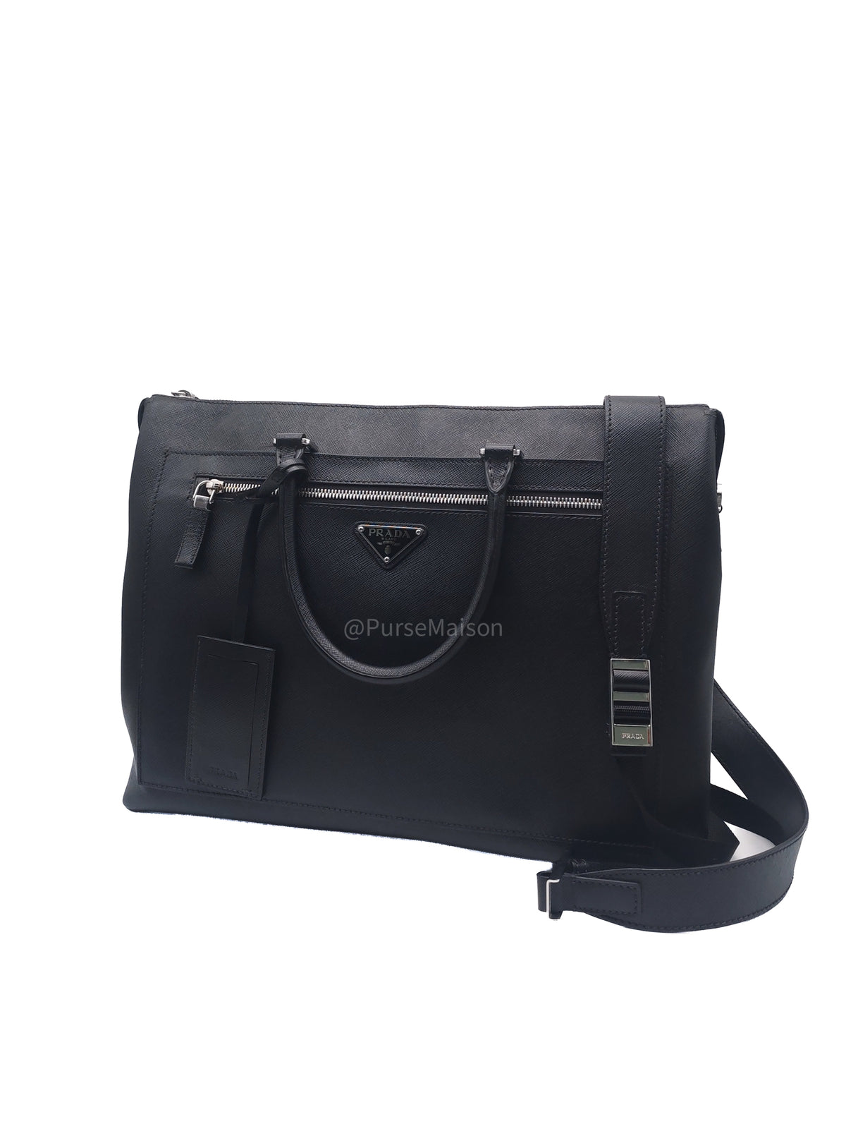 Prada Briefcase/Work Tote Bag in Black Saffiano Leather and Silver Hardware
