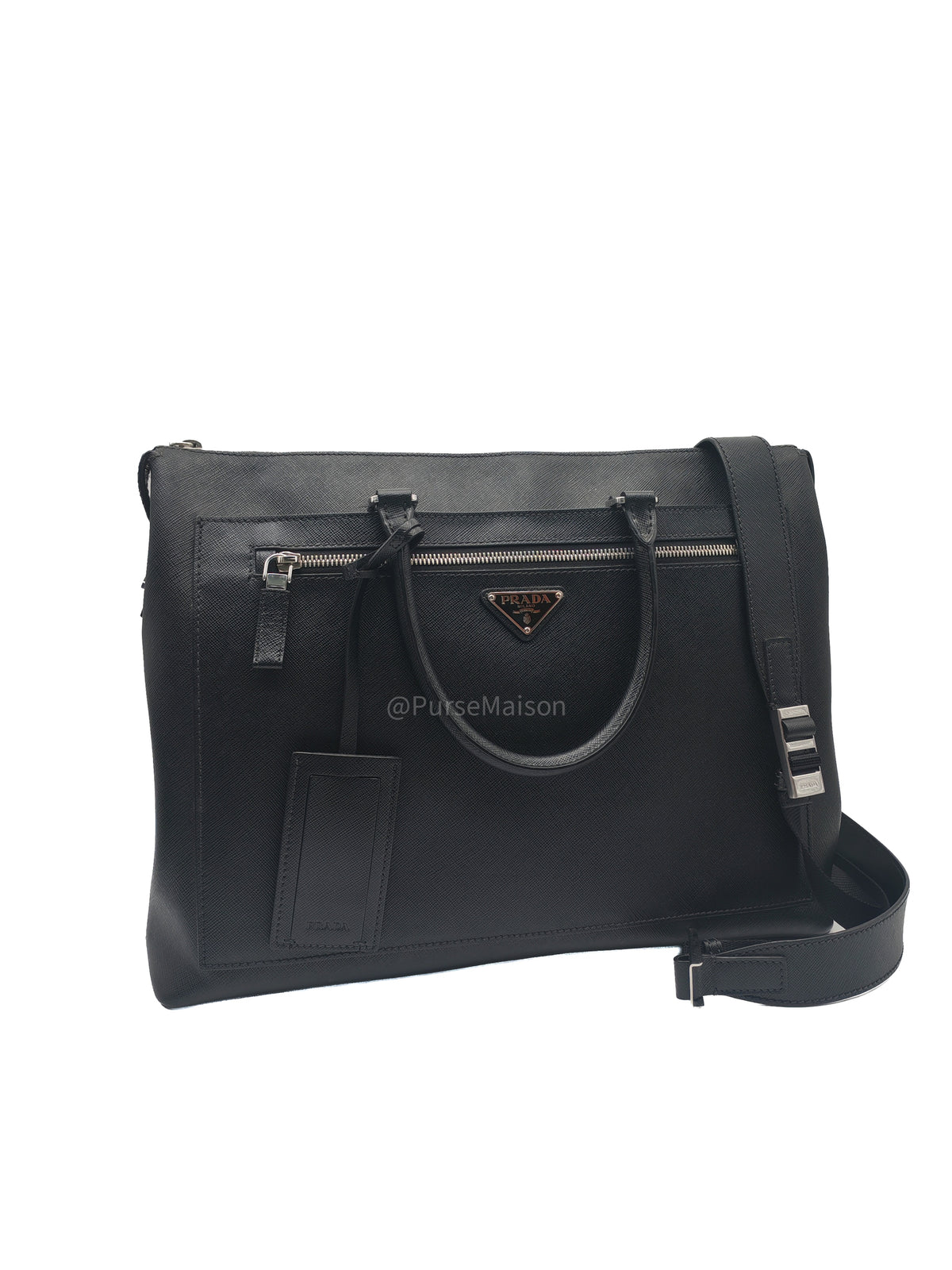 Prada Briefcase/Work Tote Bag in Black Saffiano Leather and Silver Hardware
