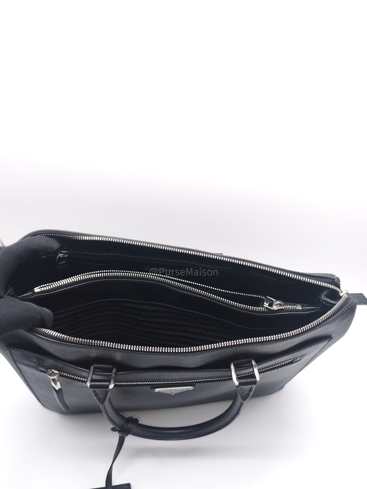 Prada Briefcase/Work Tote Bag in Black Saffiano Leather and Silver Hardware