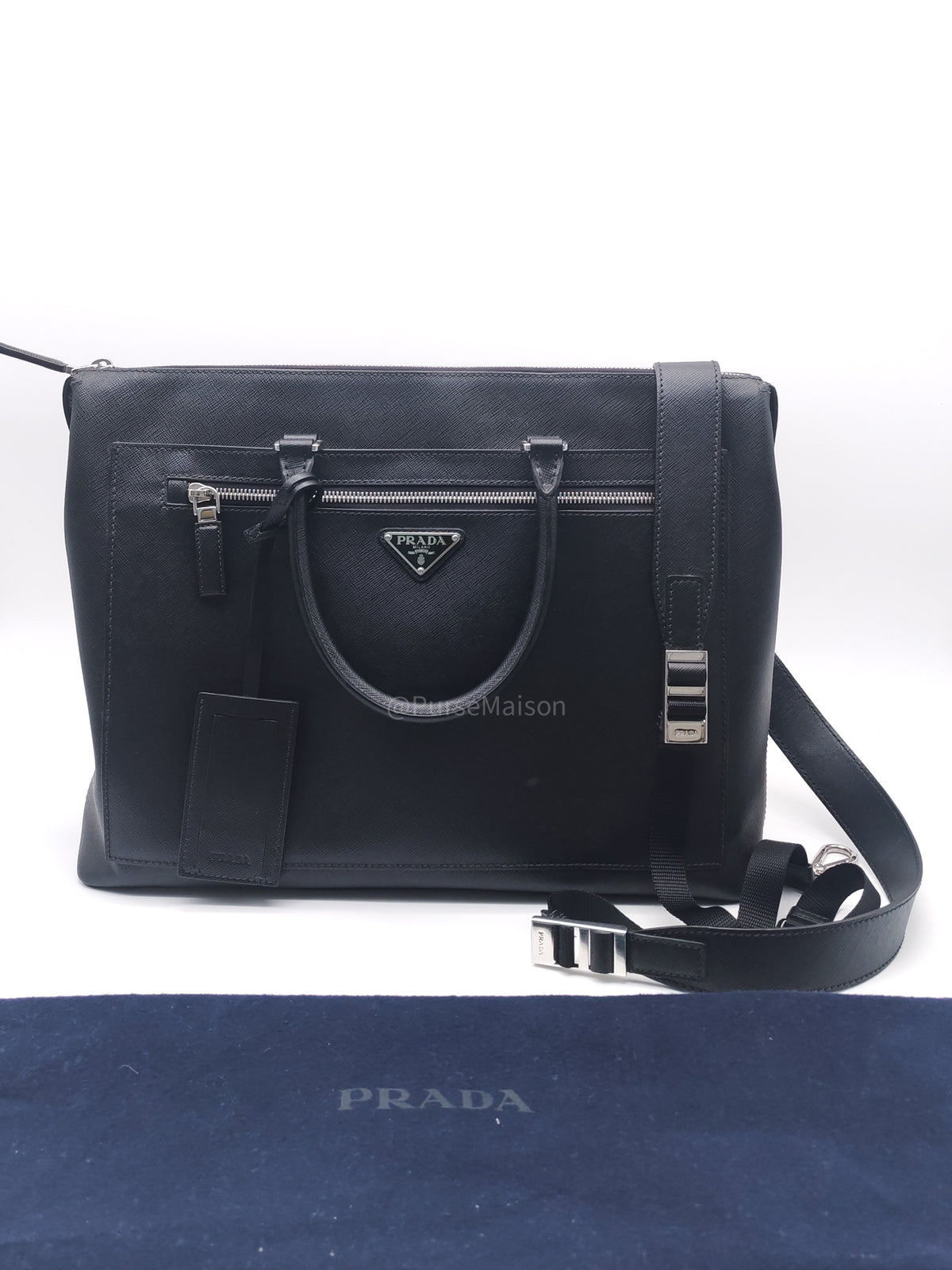 Prada Briefcase/Work Tote Bag in Black Saffiano Leather and Silver Hardware