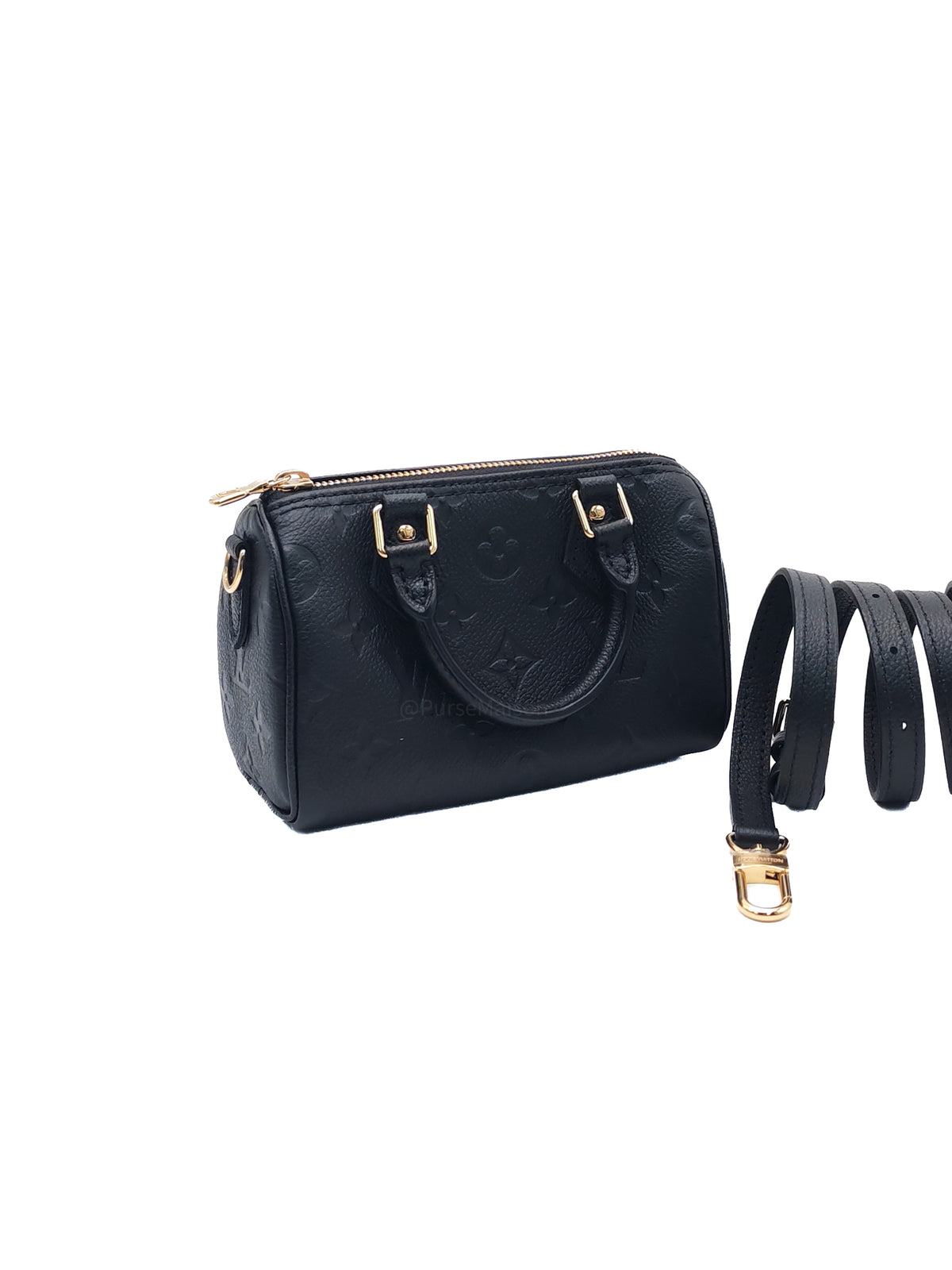 Louis Vuitton Nano Speedy Bandouliere in Black Monogram Empreinte Leather and Gold Hardware Microchip