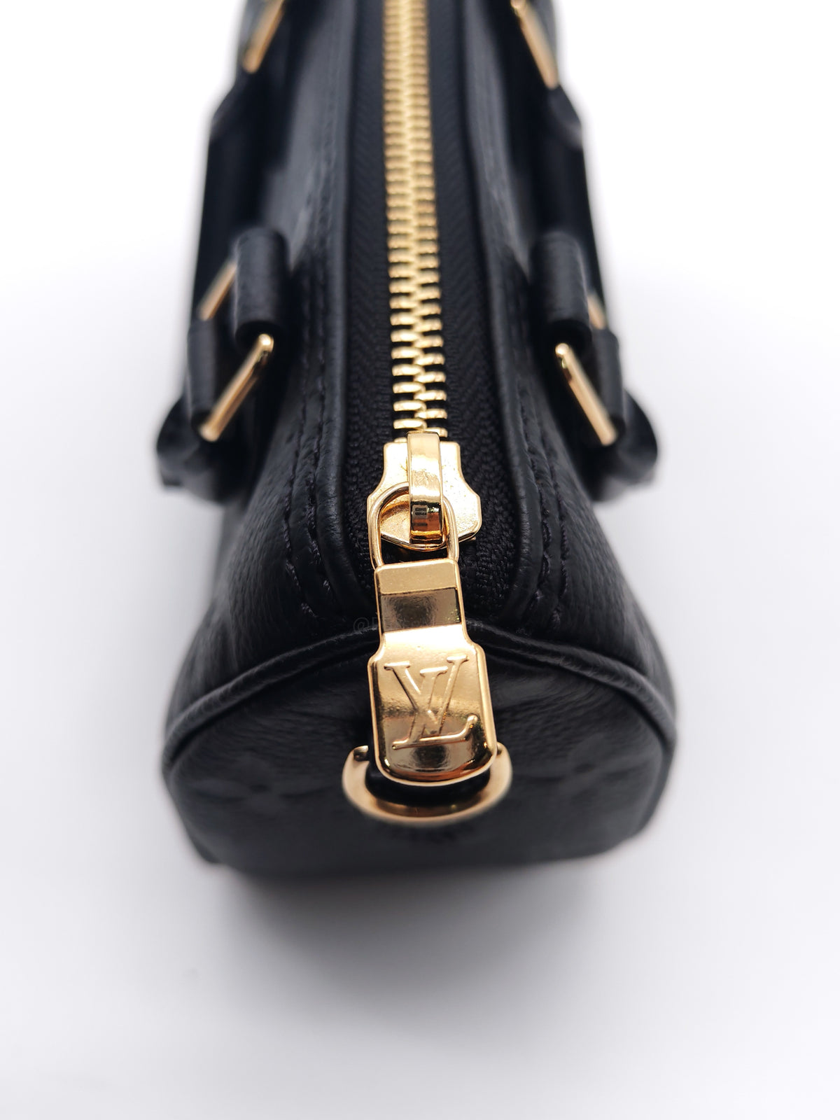 Louis Vuitton Nano Speedy Bandouliere in Black Monogram Empreinte Leather and Gold Hardware Microchip