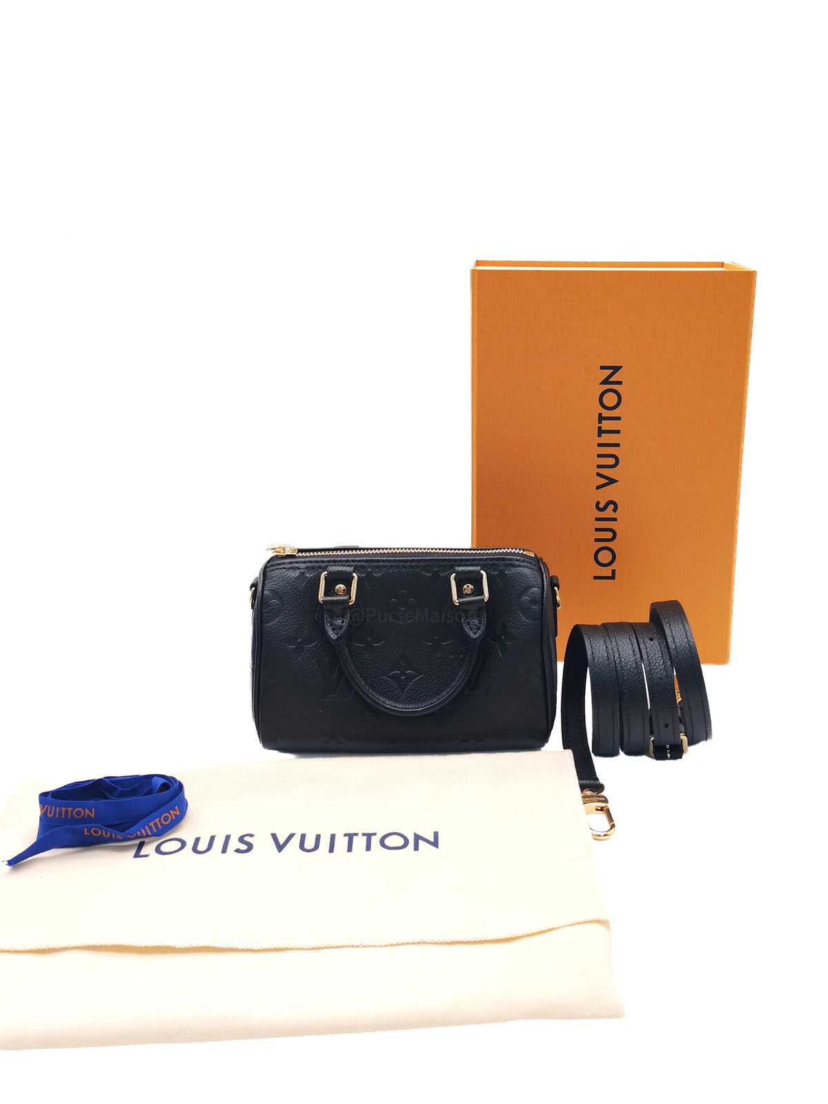 Louis Vuitton Nano Speedy Bandouliere in Black Monogram Empreinte Leather and Gold Hardware Microchip