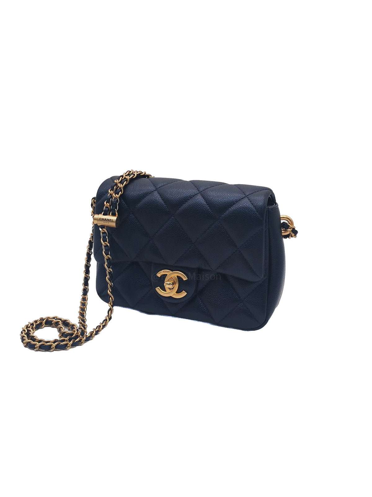 Chanel My Perfect Mini Flap Bag in Iridescent Dark Navy Blue Caviar Leather and Aged Gold Hardware Microchip (ET****U0)