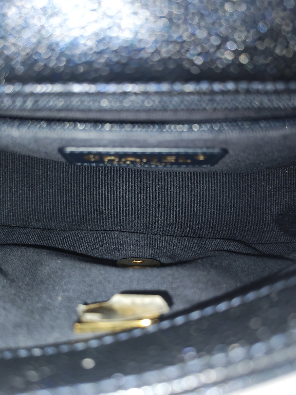 Chanel My Perfect Mini Flap Bag in Iridescent Dark Navy Blue Caviar Leather and Aged Gold Hardware Microchip (ET****U0)