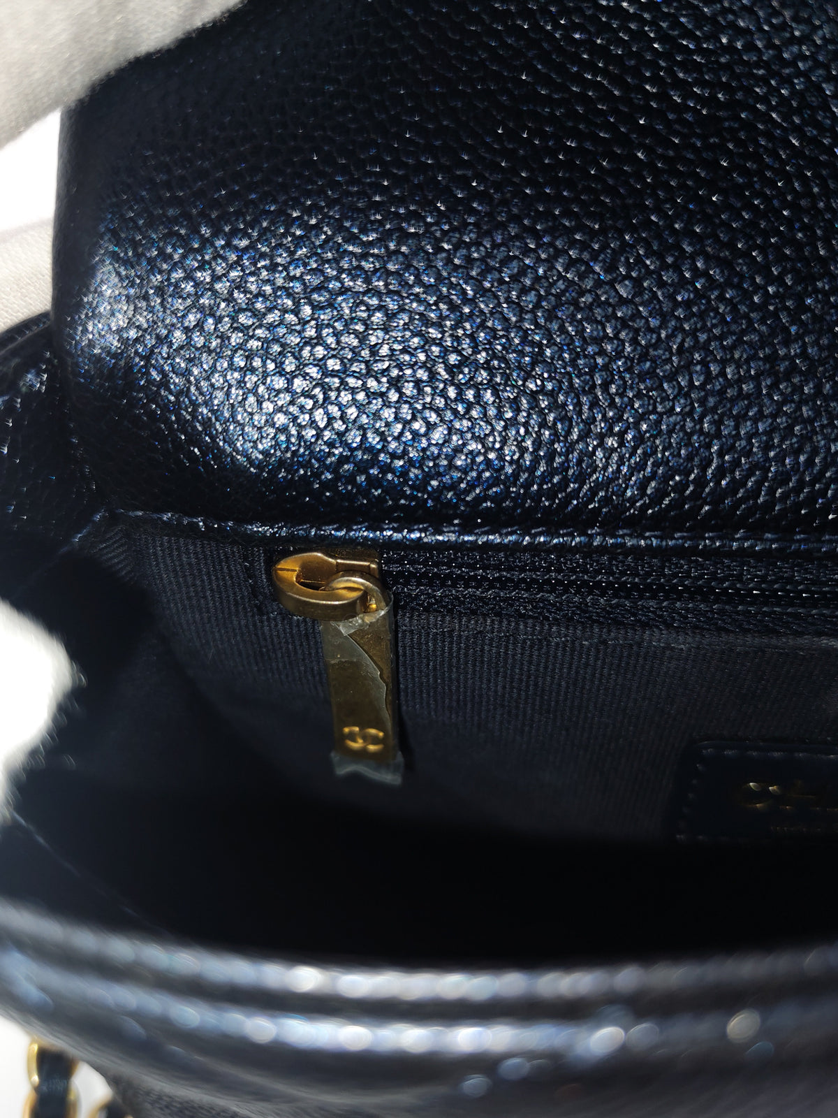 Chanel My Perfect Mini Flap Bag in Iridescent Dark Navy Blue Caviar Leather and Aged Gold Hardware Microchip (ET****U0)