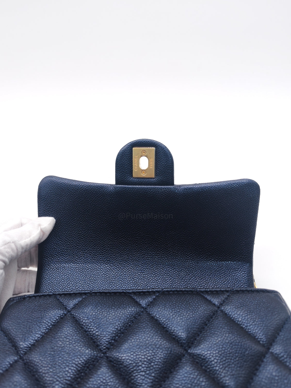 Chanel My Perfect Mini Flap Bag in Iridescent Dark Navy Blue Caviar Leather and Aged Gold Hardware Microchip (ET****U0)