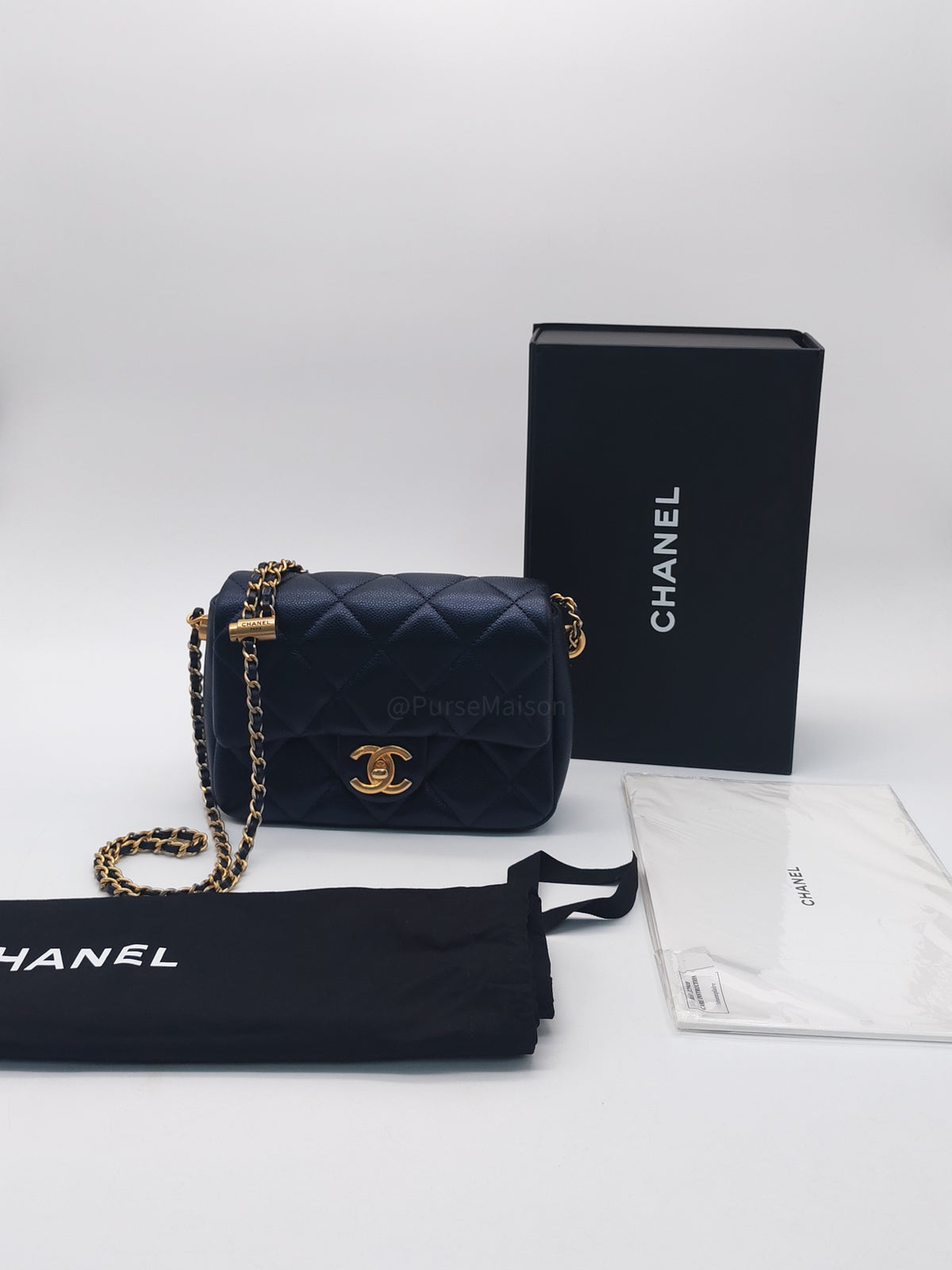 Chanel My Perfect Mini Flap Bag in Iridescent Dark Navy Blue Caviar Leather and Aged Gold Hardware Microchip (ET****U0)