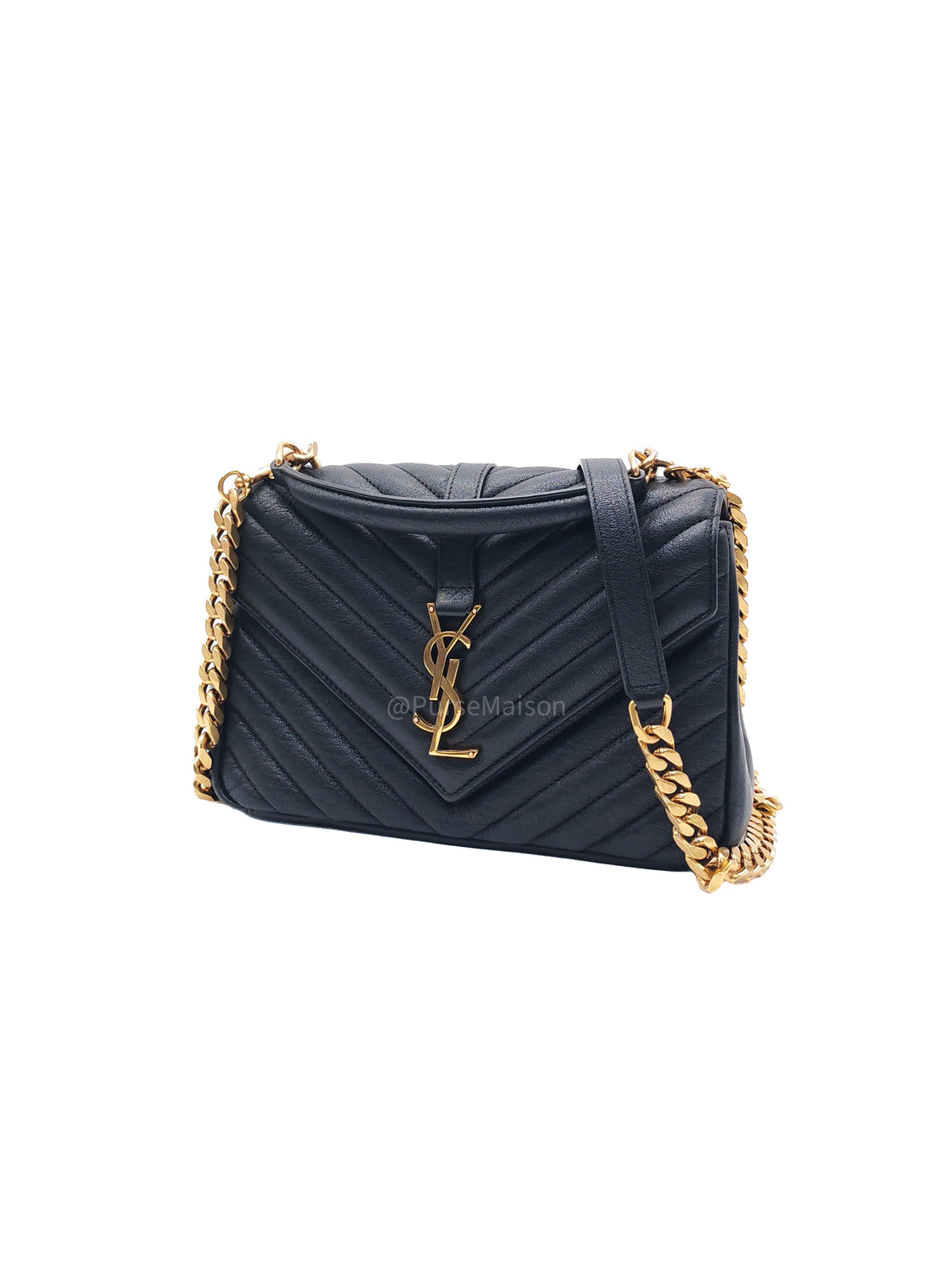 Yves Saint Laurent College Shoulder Bag Medium in Black Chevron Quilted Leather and Gold Hardware