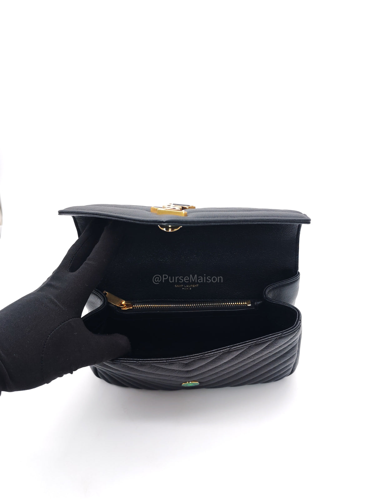 Yves Saint Laurent College Shoulder Bag Medium in Black Chevron Quilted Leather and Gold Hardware