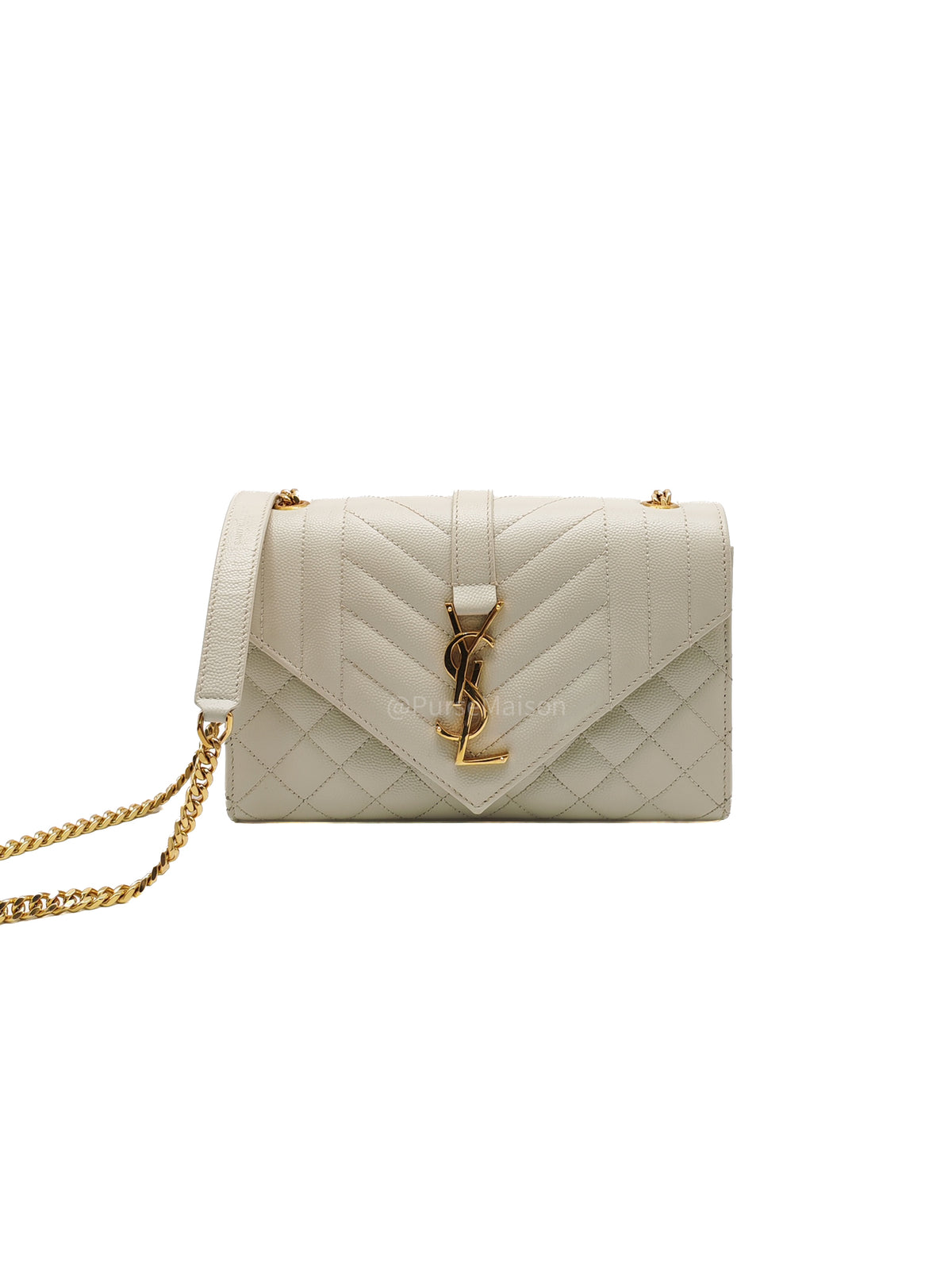 Yves Saint Laurent Monogram Envelope Bag Small in Off White Grain de Poudre Embossed Leather and Gold Hardware